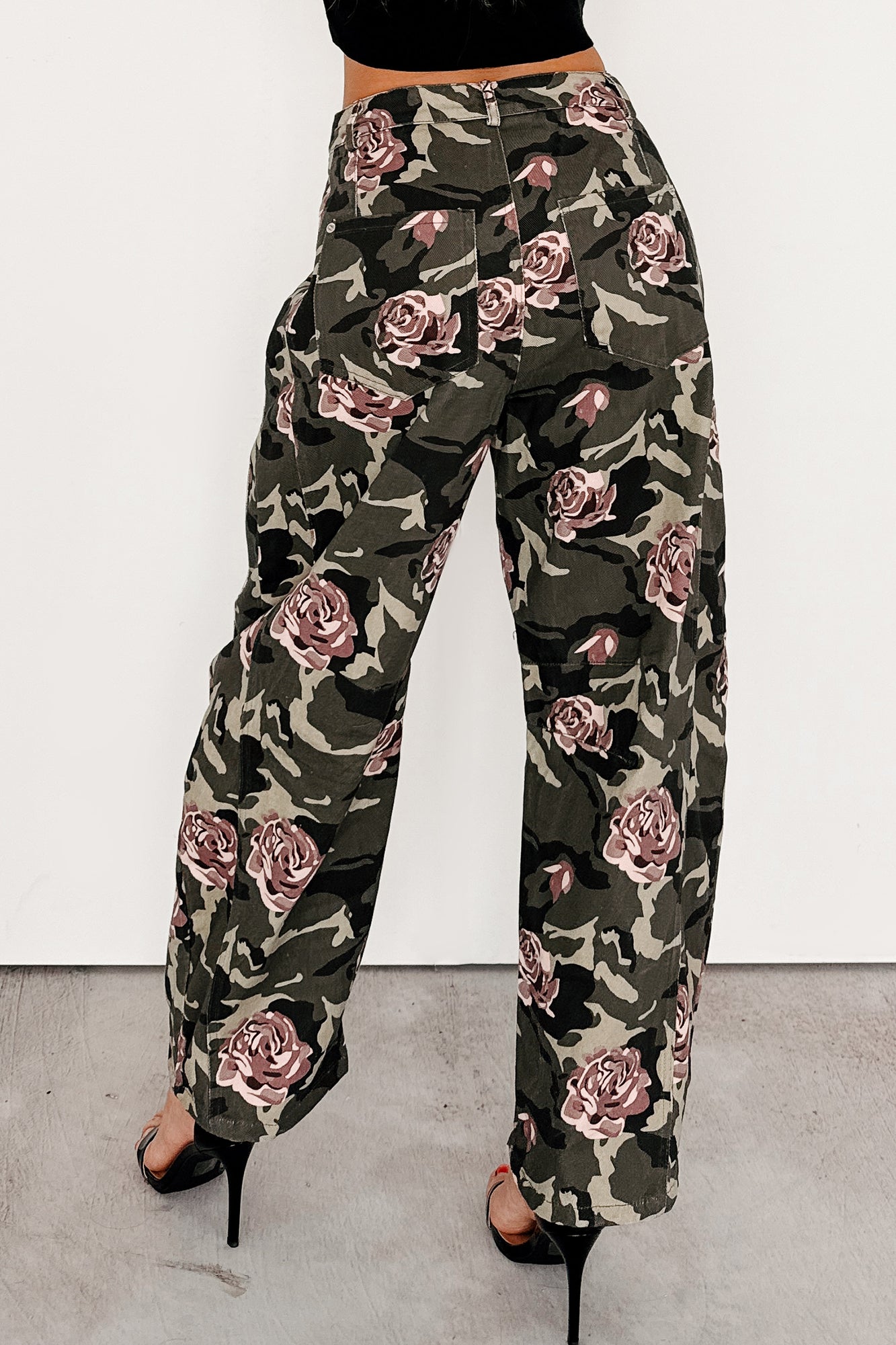 Cover Me In Roses Floral Barrel Jeans (Camo)-The Formal Wear