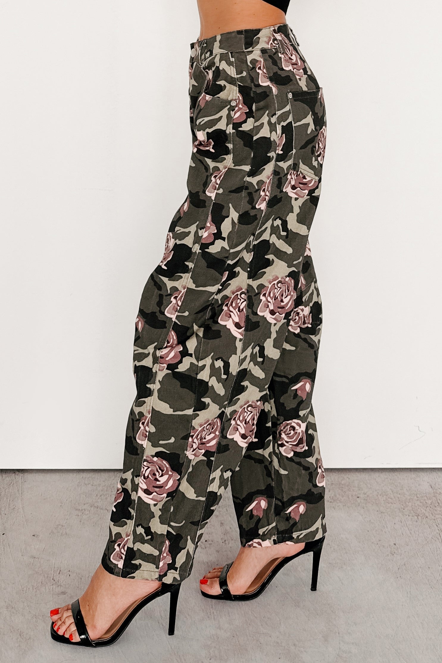 Cover Me In Roses Floral Barrel Jeans (Camo)-The Formal Wear
