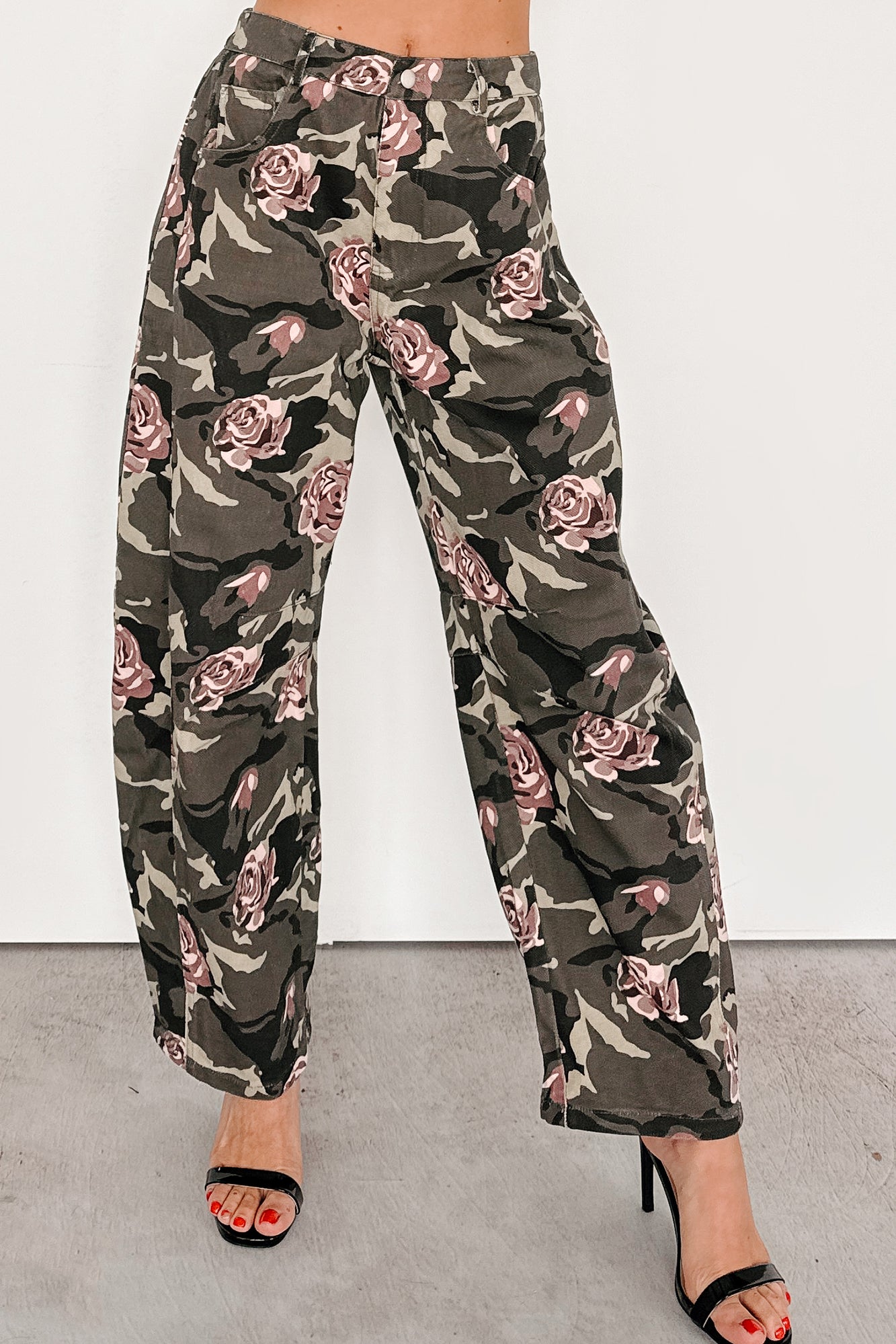 Cover Me In Roses Floral Barrel Jeans (Camo)-The Formal Wear