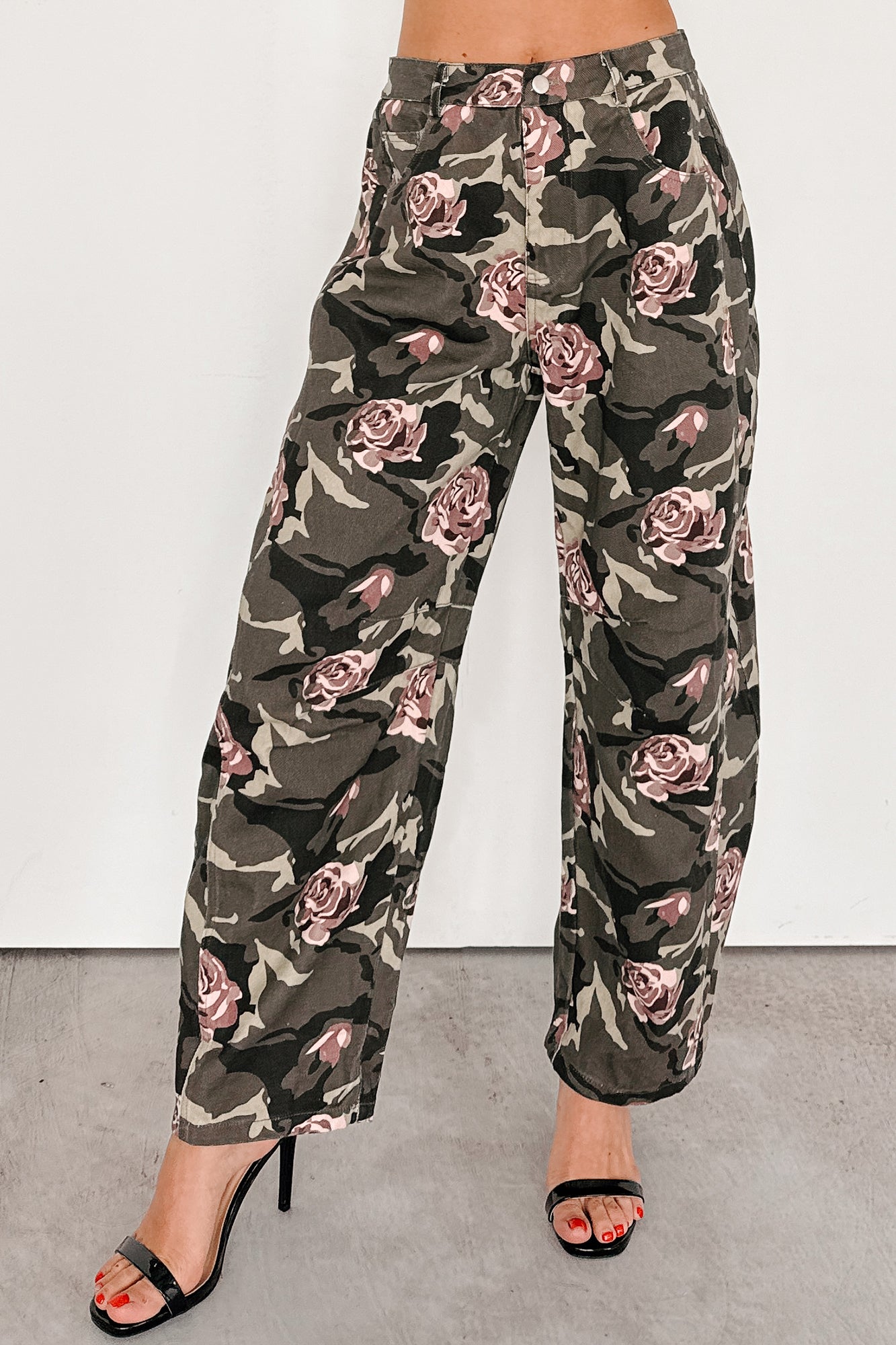 Cover Me In Roses Floral Barrel Jeans (Camo)-The Formal Wear