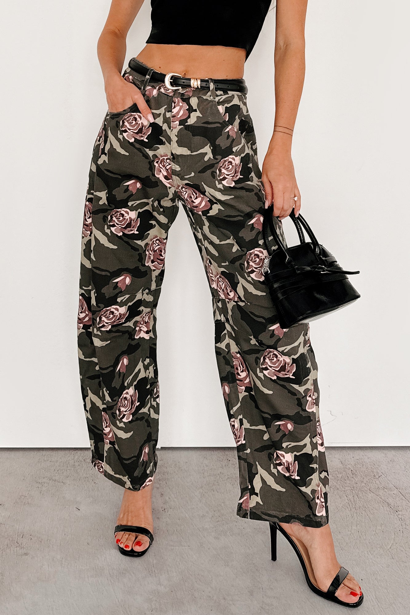 Cover Me In Roses Floral Barrel Jeans (Camo)-The Formal Wear