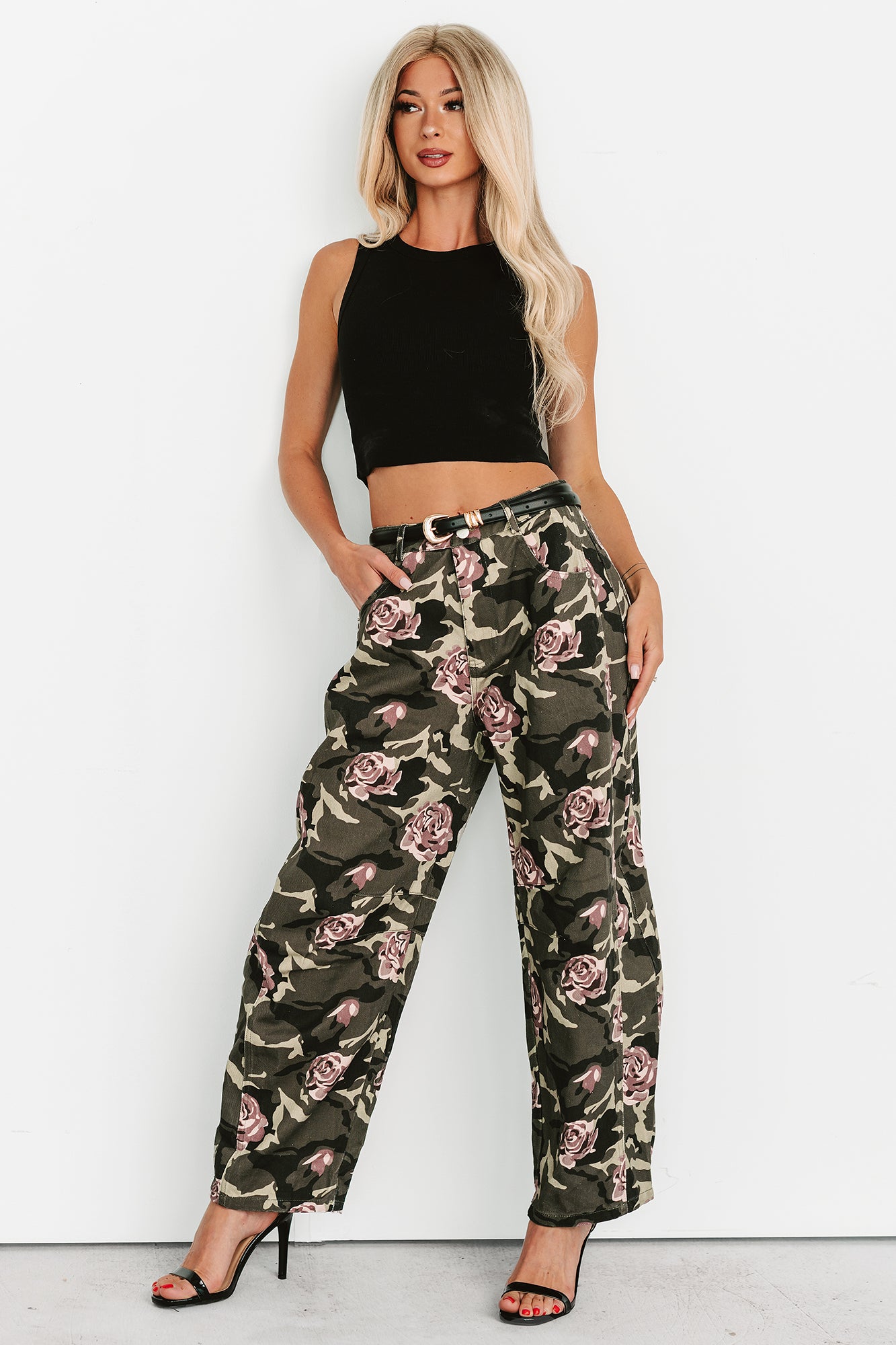 Cover Me In Roses Floral Barrel Jeans (Camo)-The Formal Wear