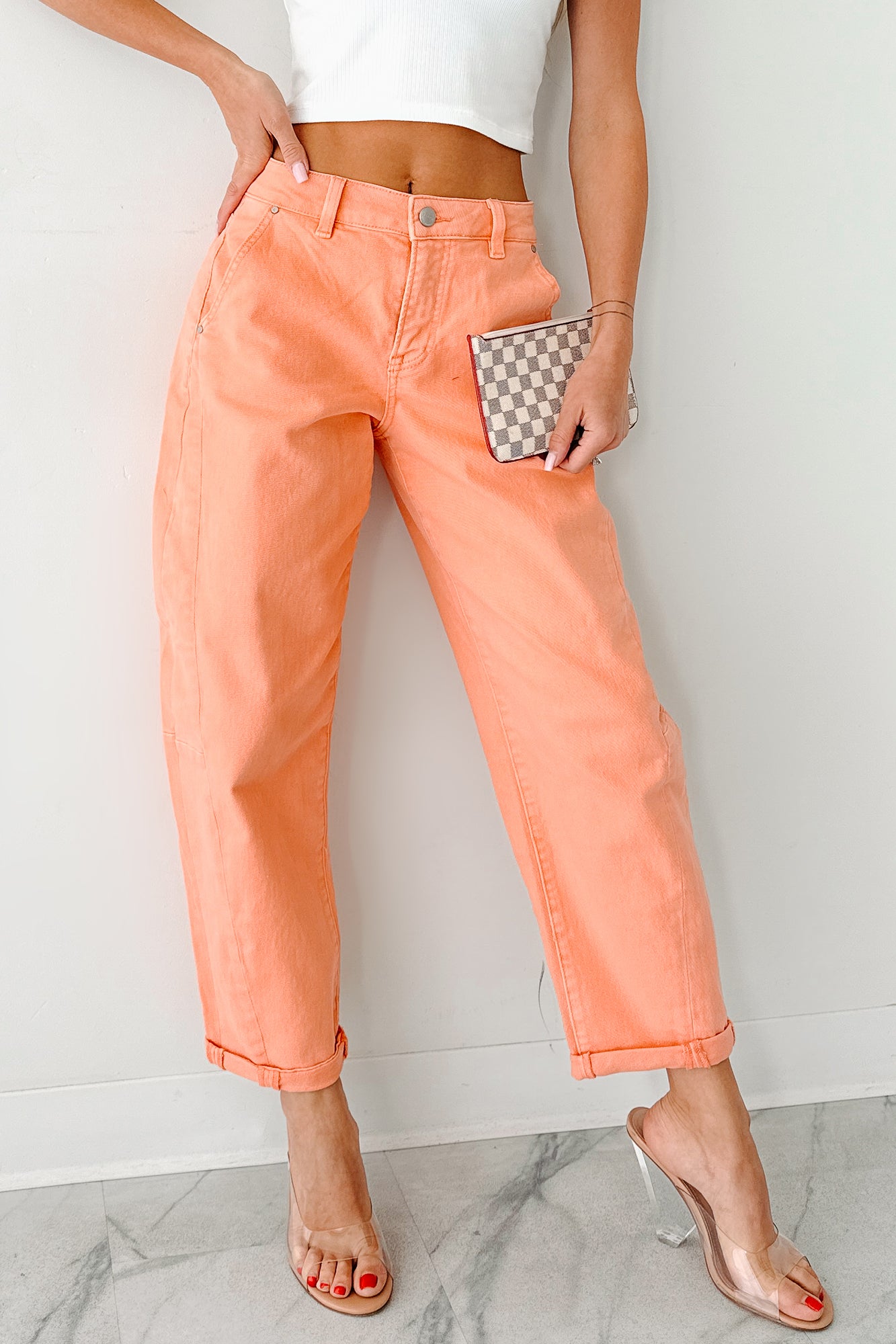 Geppetto High Rise Stretchy Barrel Risen Jeans (Coral Peach)-The Formal Wear