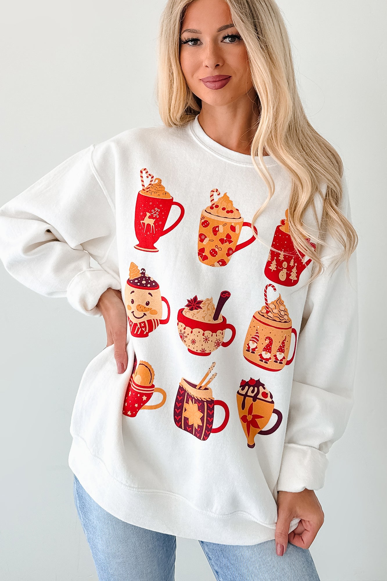 Cup Of Happiness Holiday Graphic Sweatshirt (Cream)-The Formal Wear