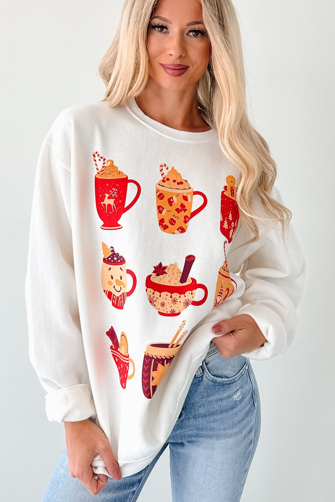 Cup Of Happiness Holiday Graphic Sweatshirt (Cream)-The Formal Wear