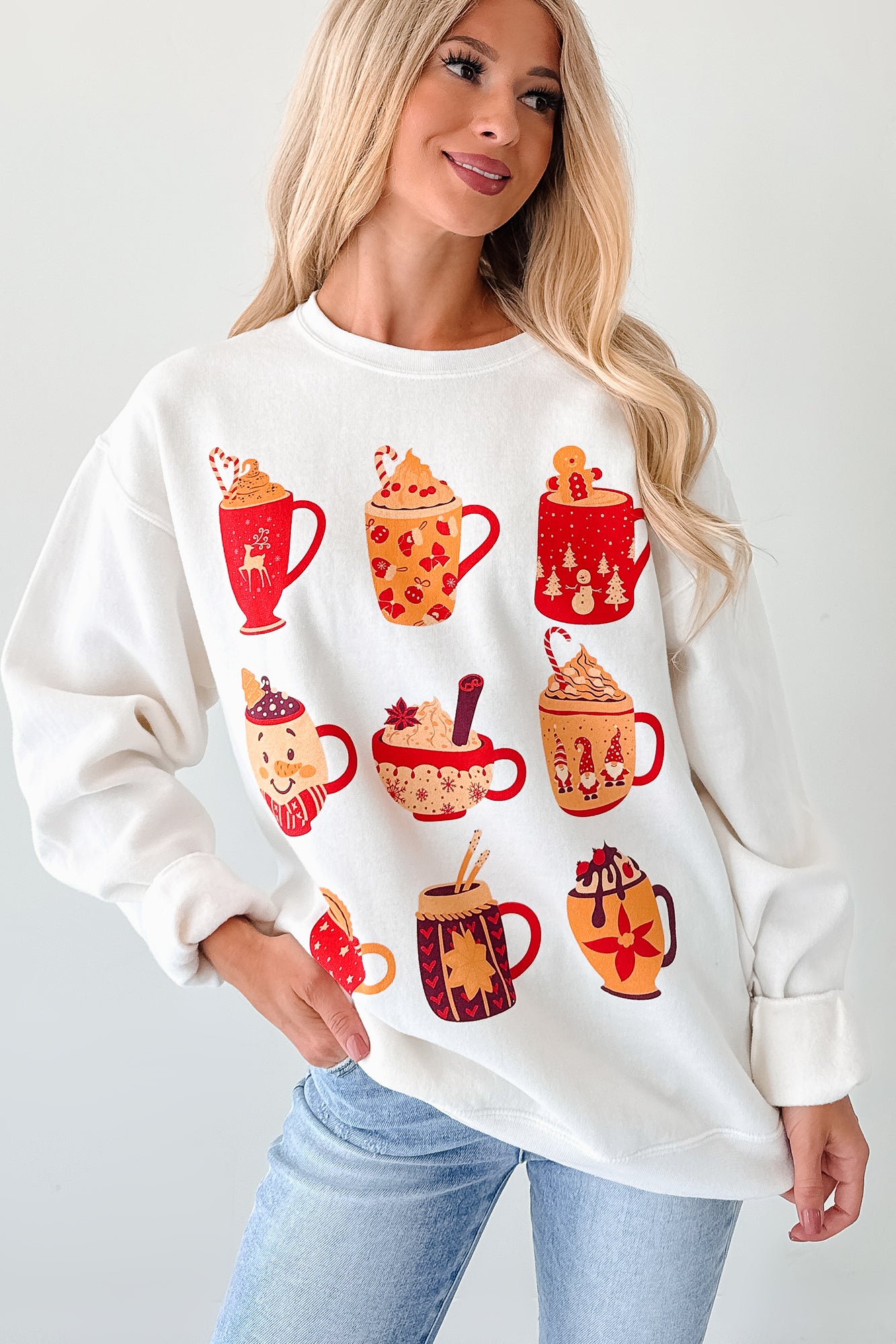 Cup Of Happiness Holiday Graphic Sweatshirt (Cream)-The Formal Wear