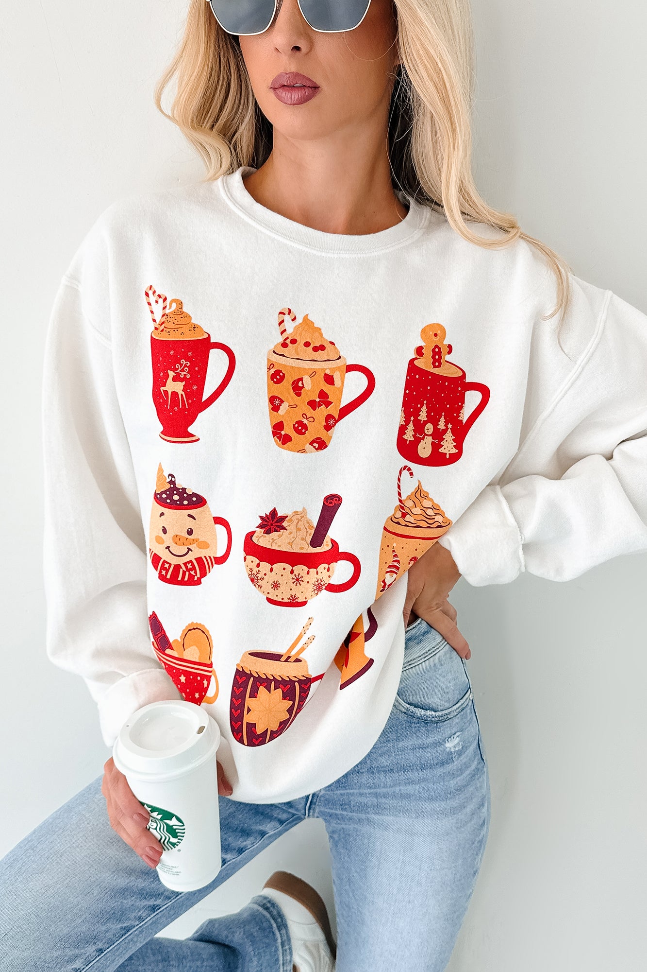 Cup Of Happiness Holiday Graphic Sweatshirt (Cream)-The Formal Wear