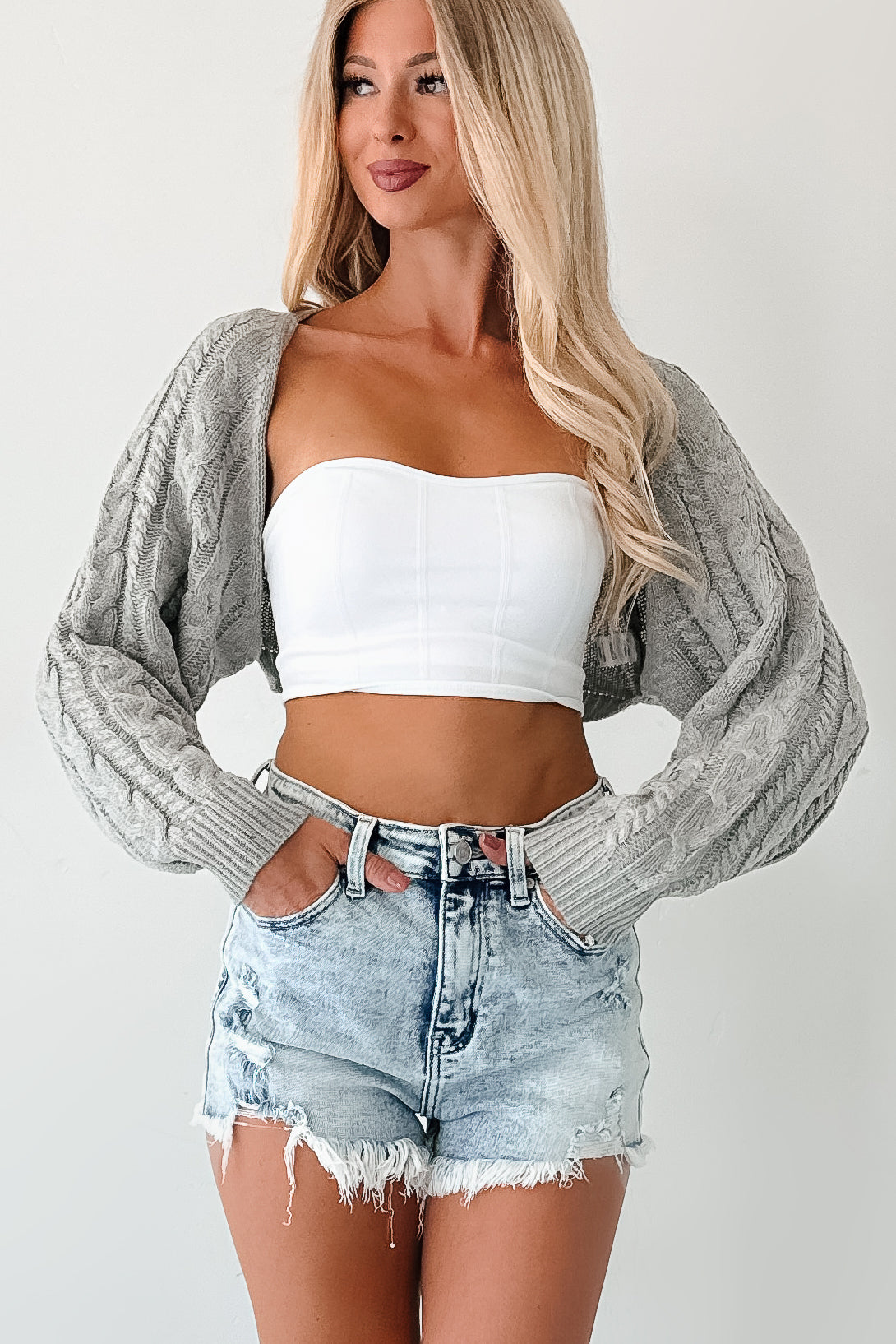 Ease Your Mind Cable Knit Bolero Shrug (Heather Grey)-The Formal Wear