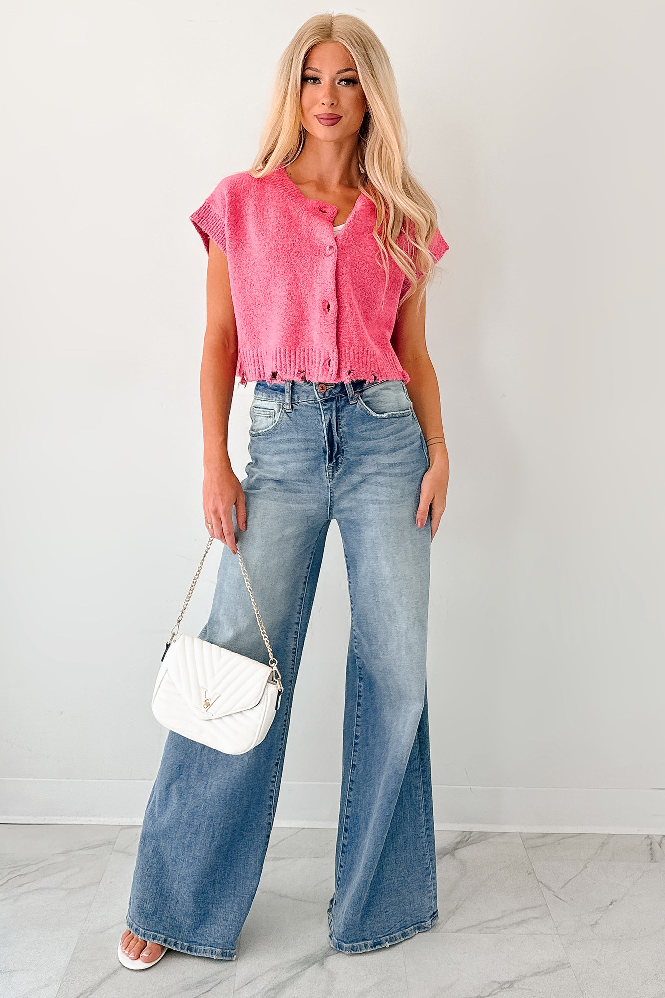 Undemanding Comfort Distressed Button-Up Sweater Vest (Pink)-The Formal Wear