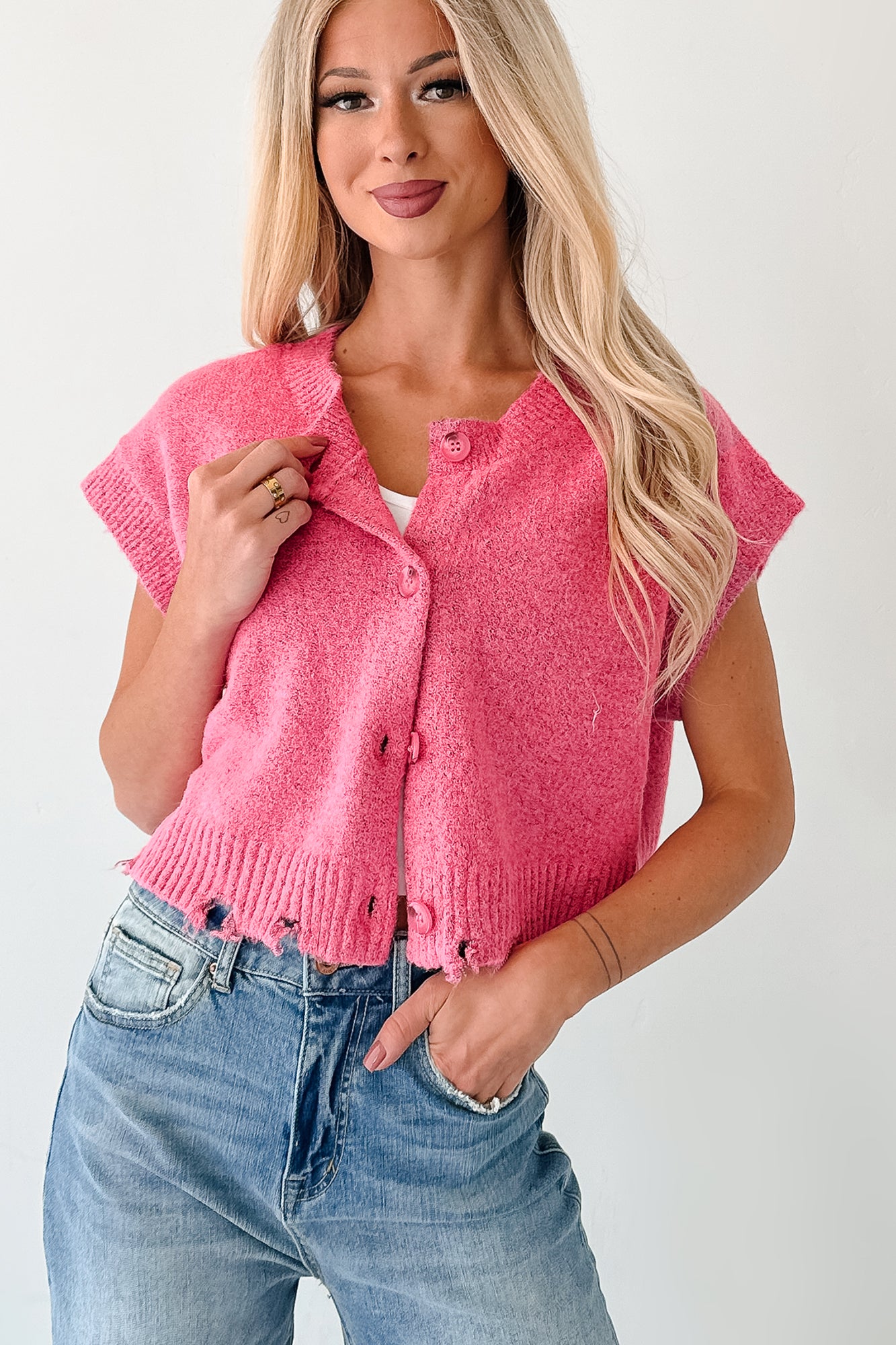 Undemanding Comfort Distressed Button-Up Sweater Vest (Pink)-The Formal Wear