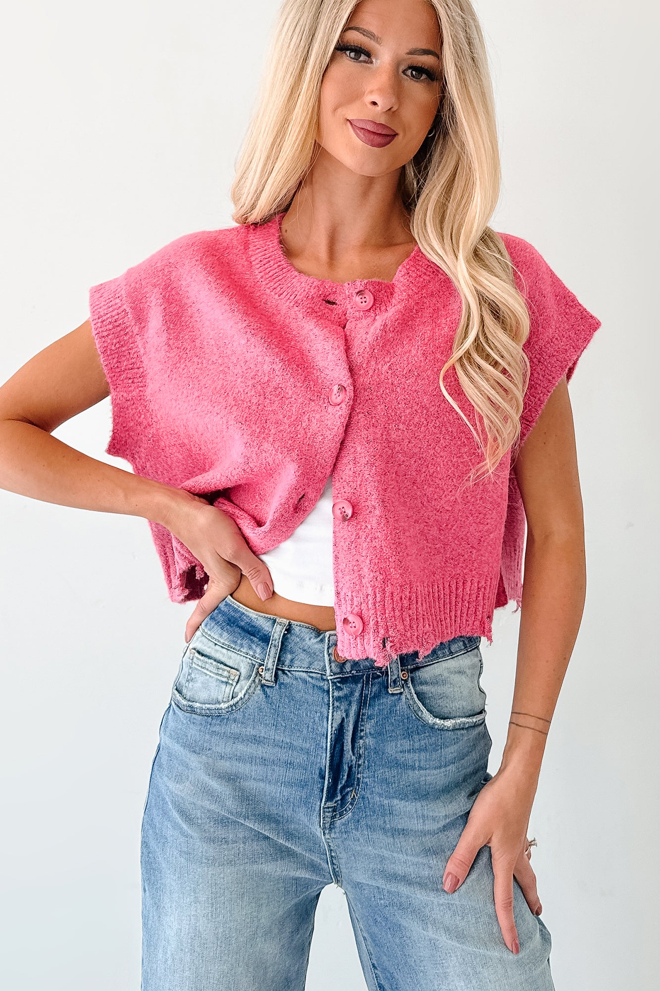 Undemanding Comfort Distressed Button-Up Sweater Vest (Pink)-The Formal Wear