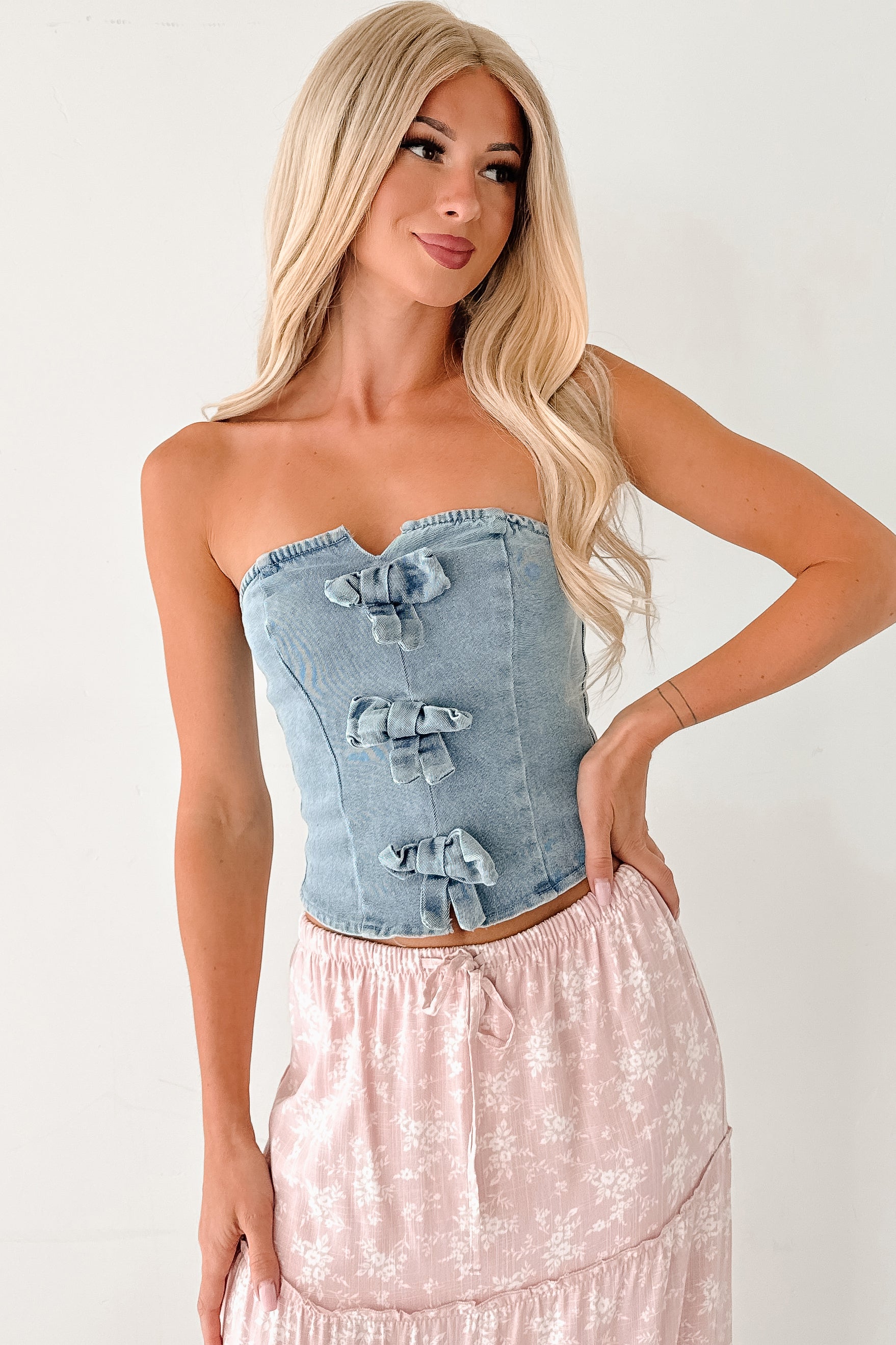 Back To Strangers Denim Bow Front Corset Top (Light Wash)-The Formal Wear