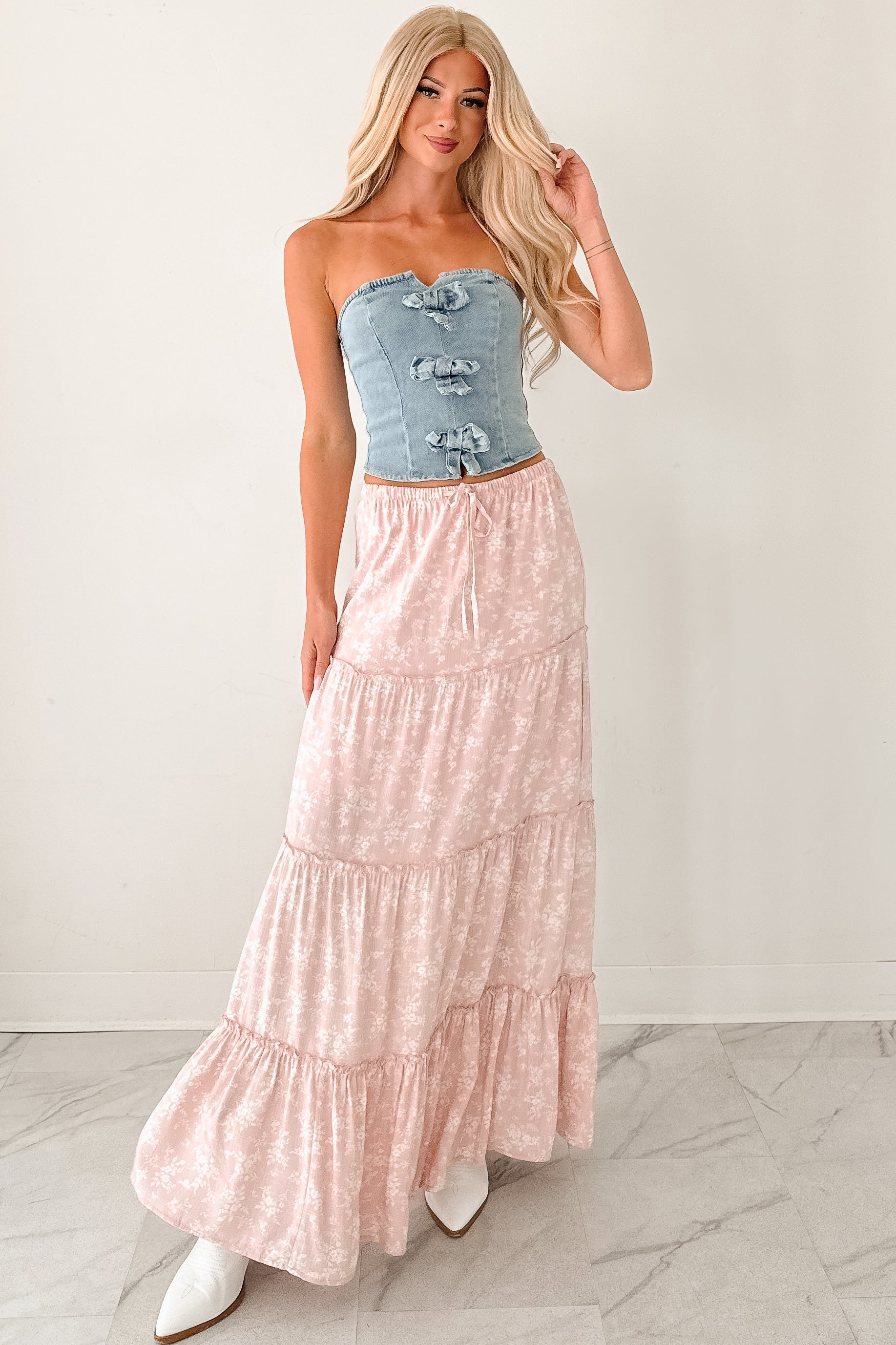 Back To Strangers Denim Bow Front Corset Top (Light Wash)-The Formal Wear