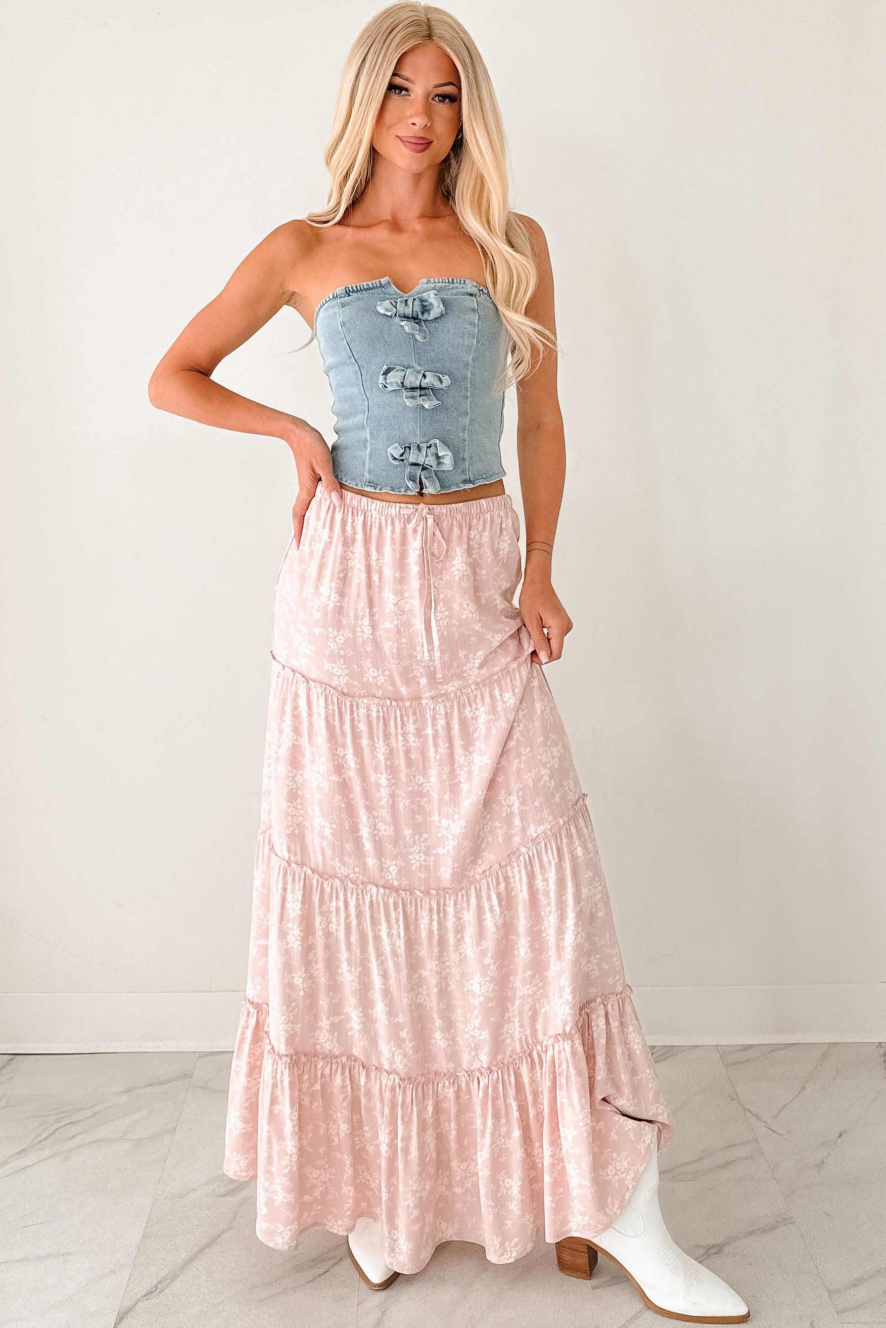 Back To Strangers Denim Bow Front Corset Top (Light Wash)-The Formal Wear