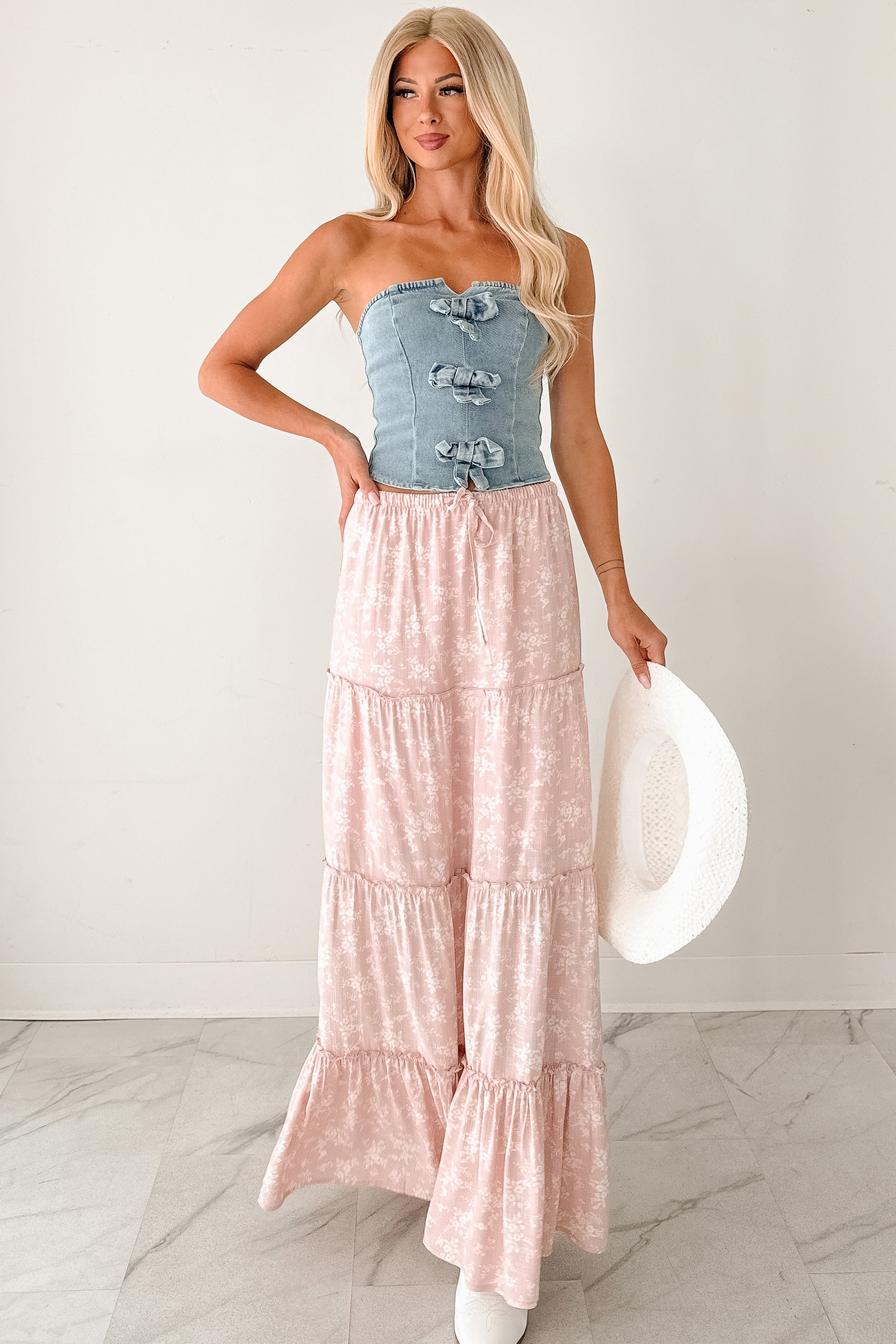 Back To Strangers Denim Bow Front Corset Top (Light Wash)-The Formal Wear