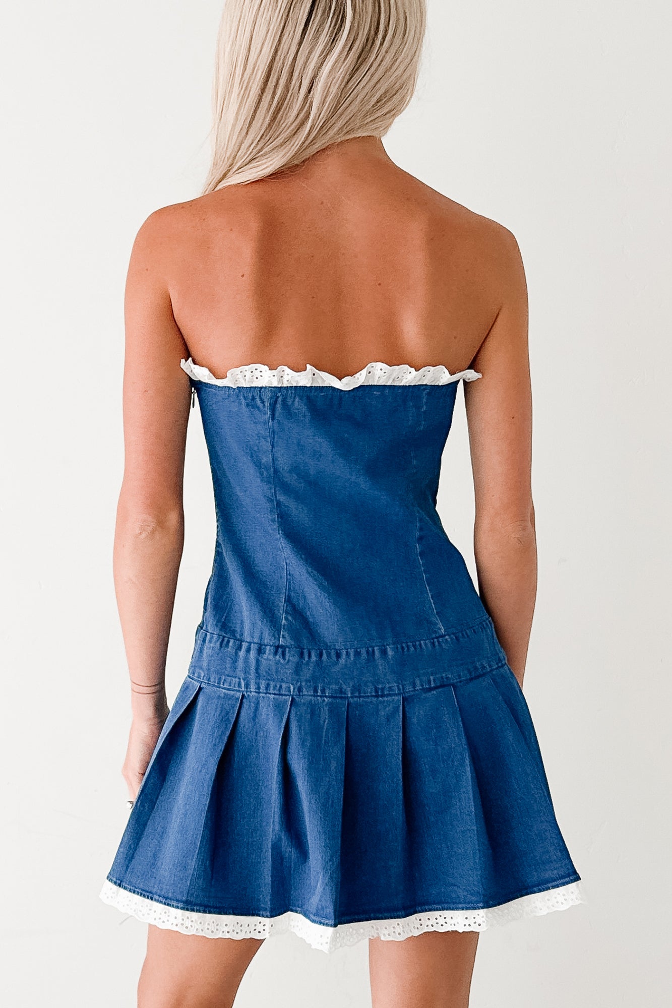 Catch A Thrill Strapless Pleated Mini Dress (Denim)-The Formal Wear
