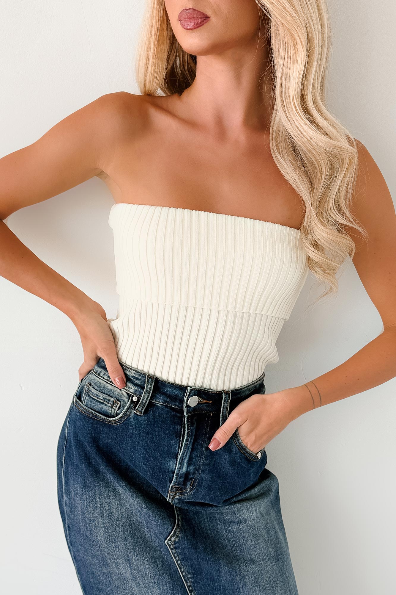 Cozy Corner Ribbed Strapless Fold Over Top (Cream)-The Formal Wear