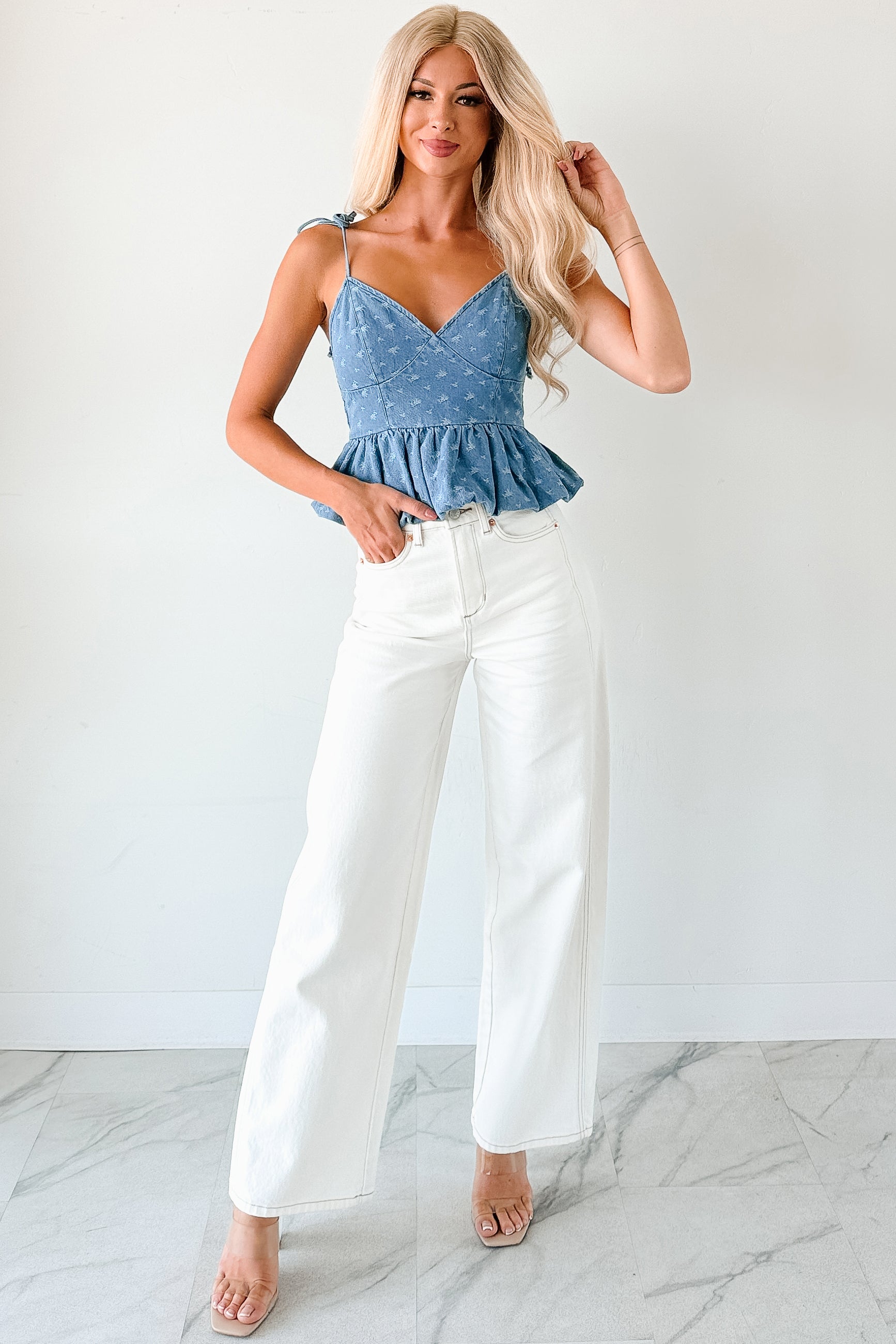 Over The Moon Floral Bubble Hem Top (Denim/White)-The Formal Wear