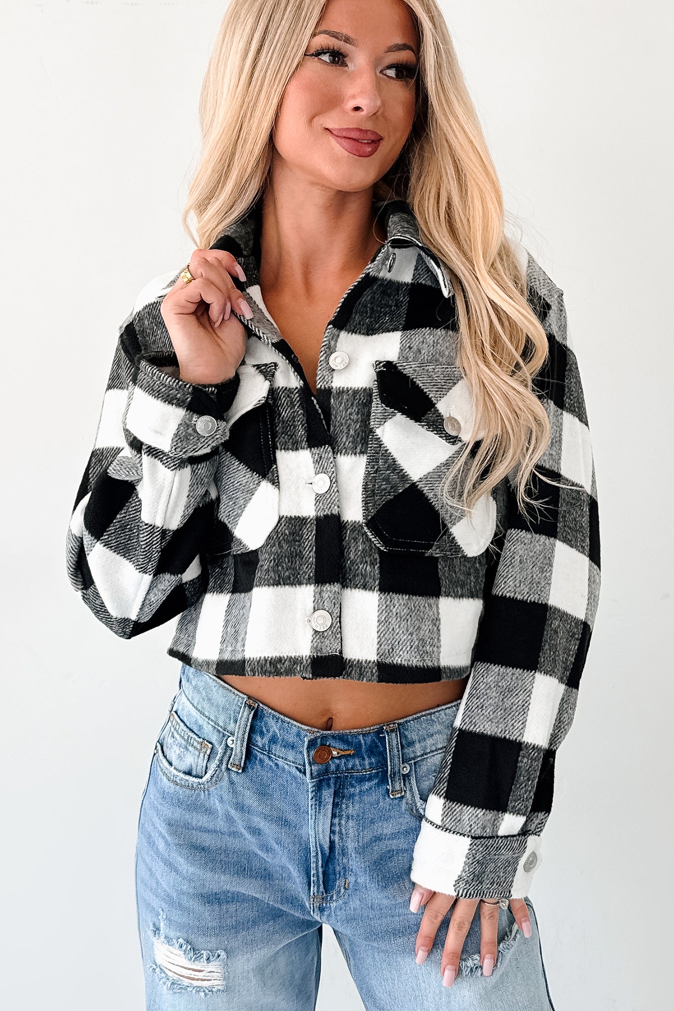Autumn Aesthetic Plaid Crop Jacket (Black)-The Formal Wear