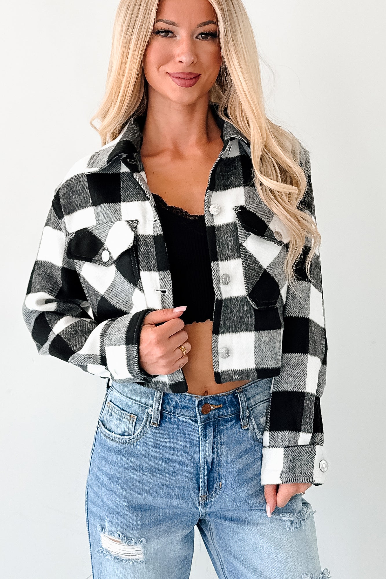 Autumn Aesthetic Plaid Crop Jacket (Black)-The Formal Wear