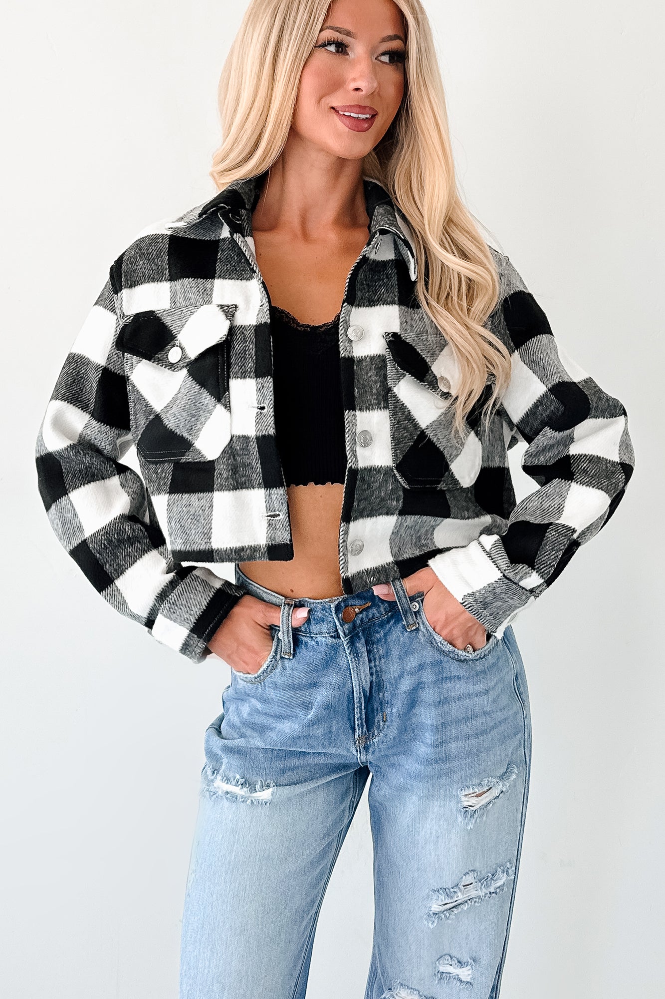 Autumn Aesthetic Plaid Crop Jacket (Black)-The Formal Wear