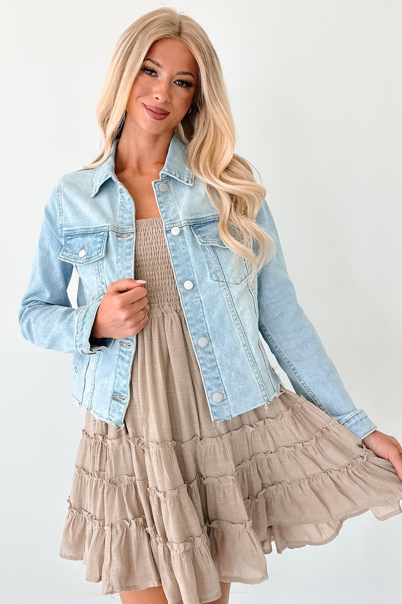 Still Into You Distressed Edge Denim Jacket (Light Denim)-The Formal Wear