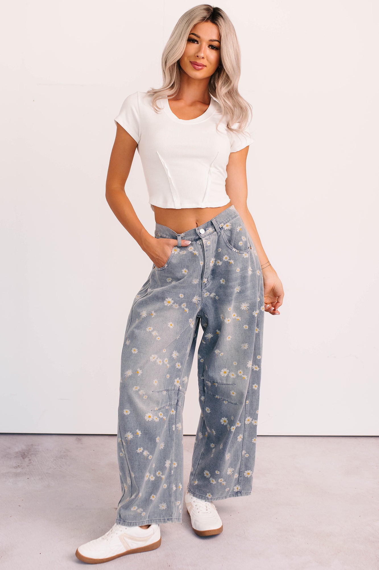 Rae Floral Stripe Wide Leg Barrel Jeans (Denim)-The Formal Wear