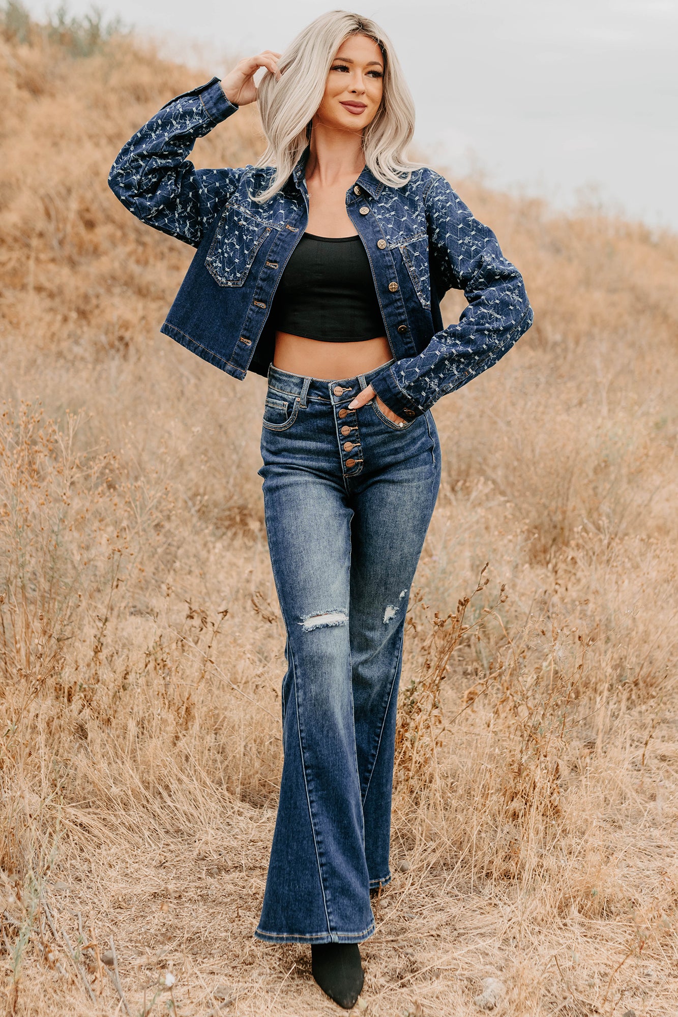 Say Less Do More Patterned Denim Jacket (Dark)-The Formal Wear