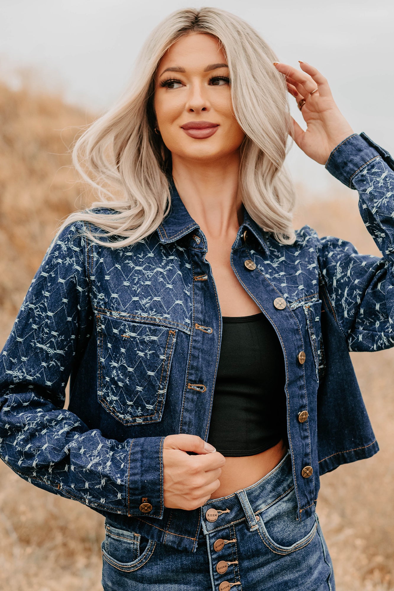 Say Less Do More Patterned Denim Jacket (Dark)-The Formal Wear