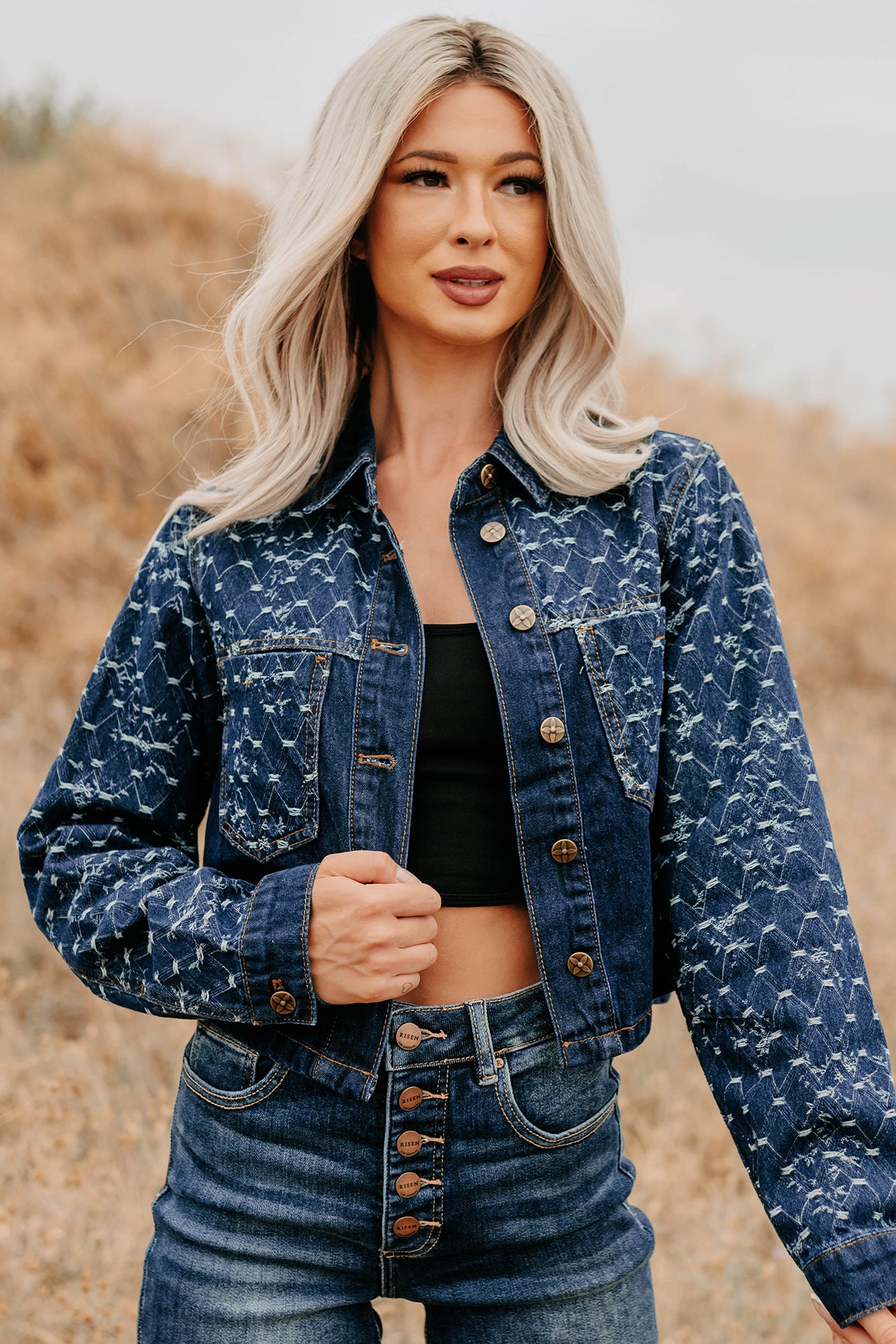 Say Less Do More Patterned Denim Jacket (Dark)-The Formal Wear