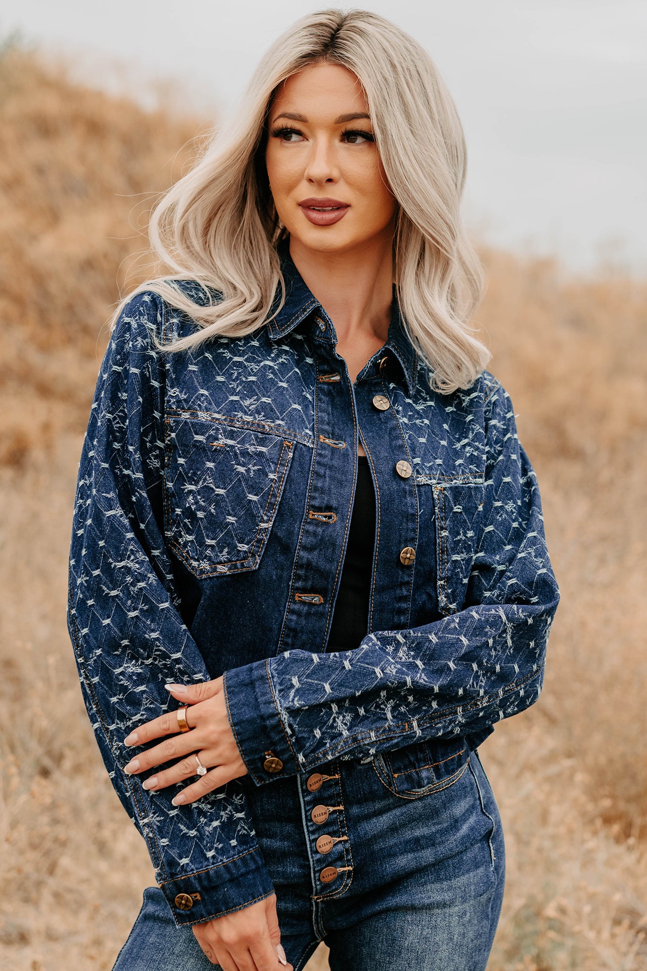 Say Less Do More Patterned Denim Jacket (Dark)-The Formal Wear