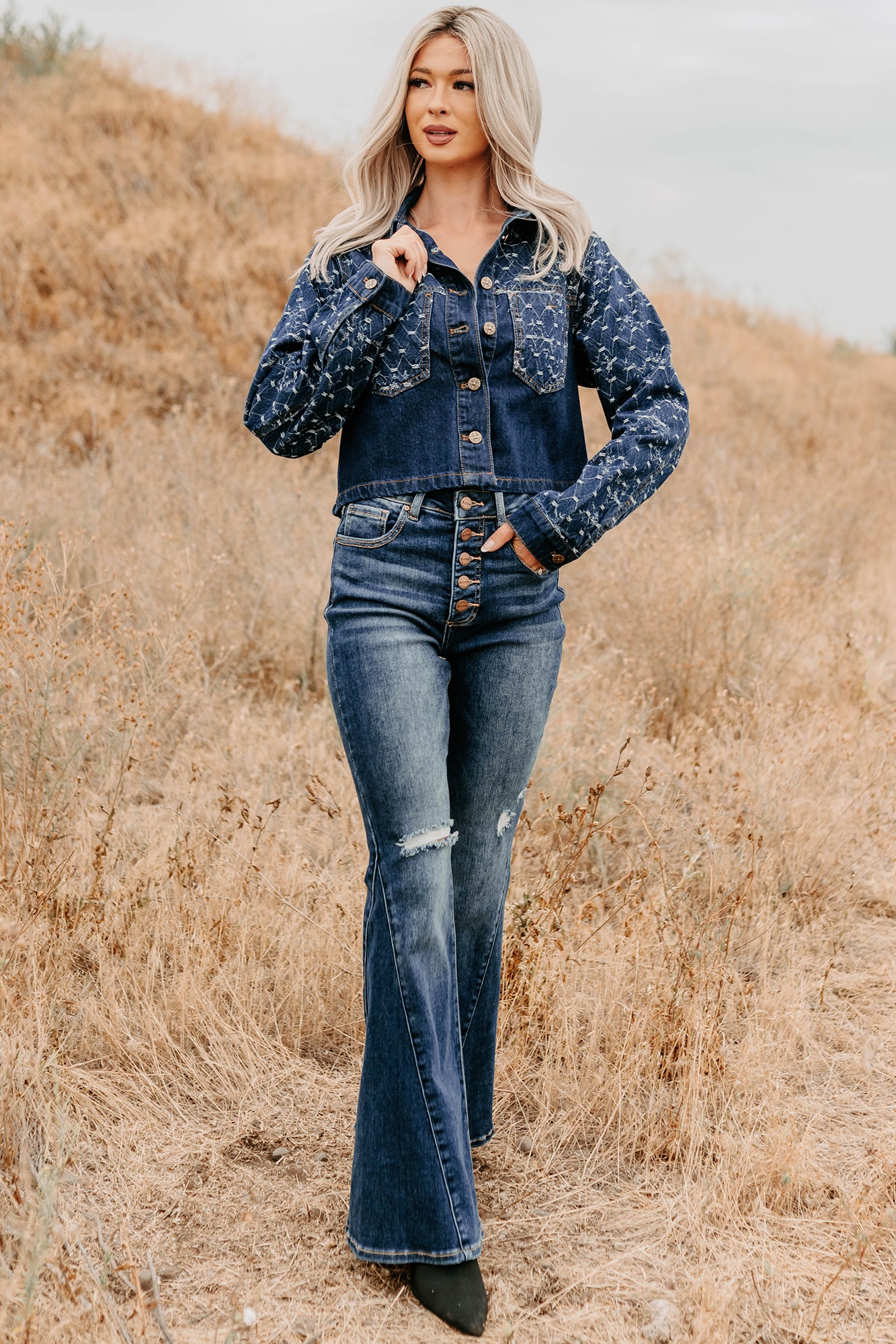 Say Less Do More Patterned Denim Jacket (Dark)-The Formal Wear