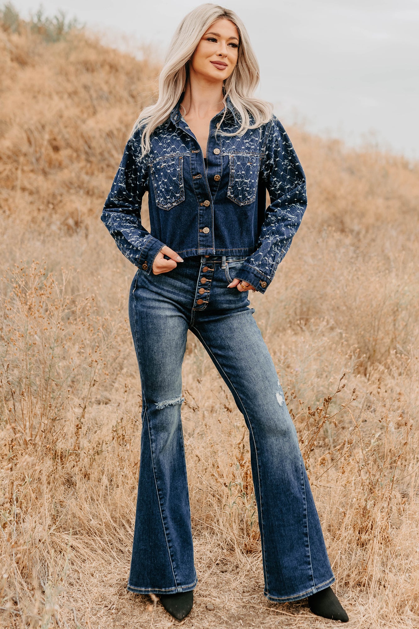 Say Less Do More Patterned Denim Jacket (Dark)-The Formal Wear