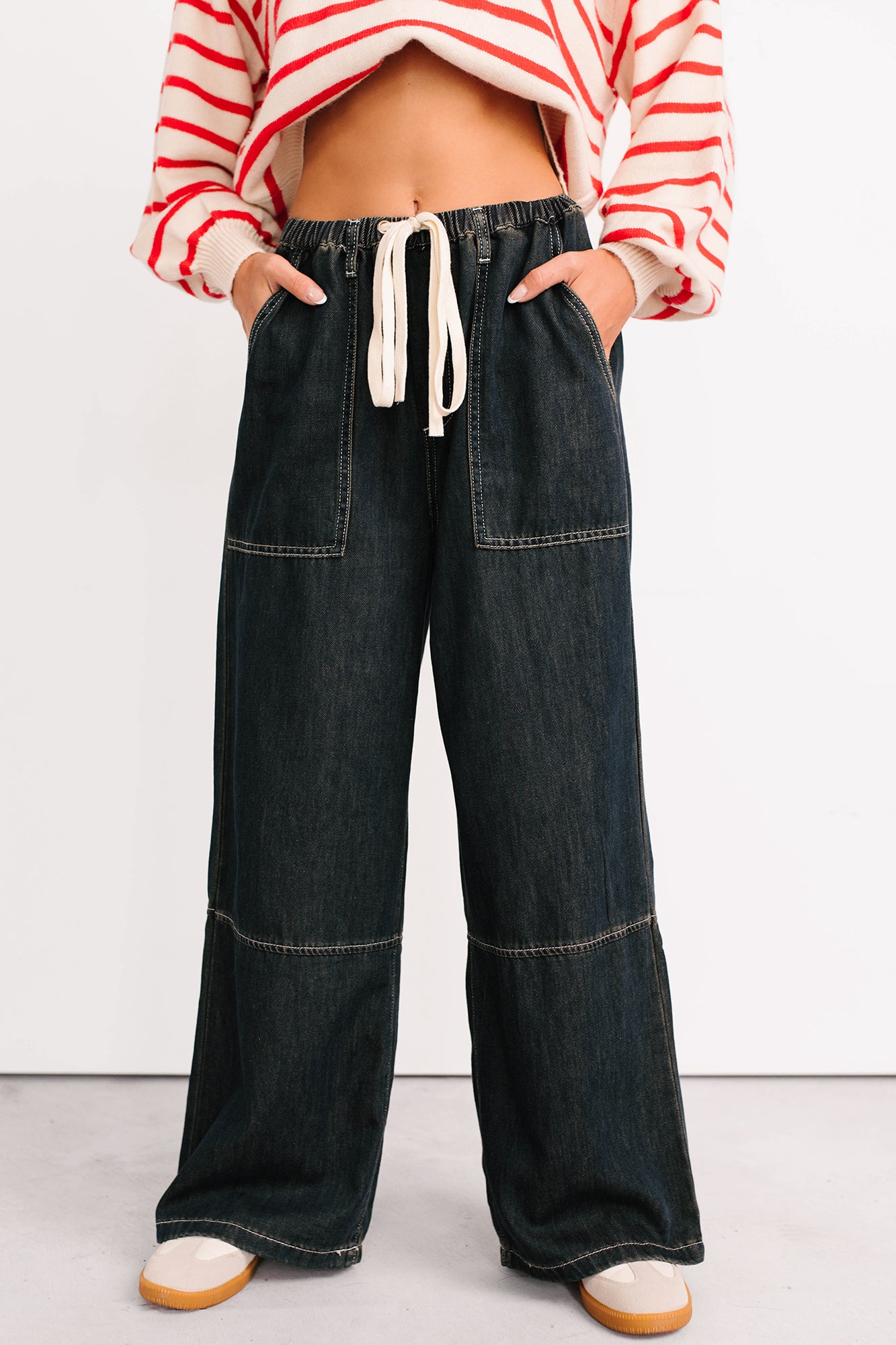 Chill Energy Wide Leg Drawstring Pants (Grey Denim)-The Formal Wear