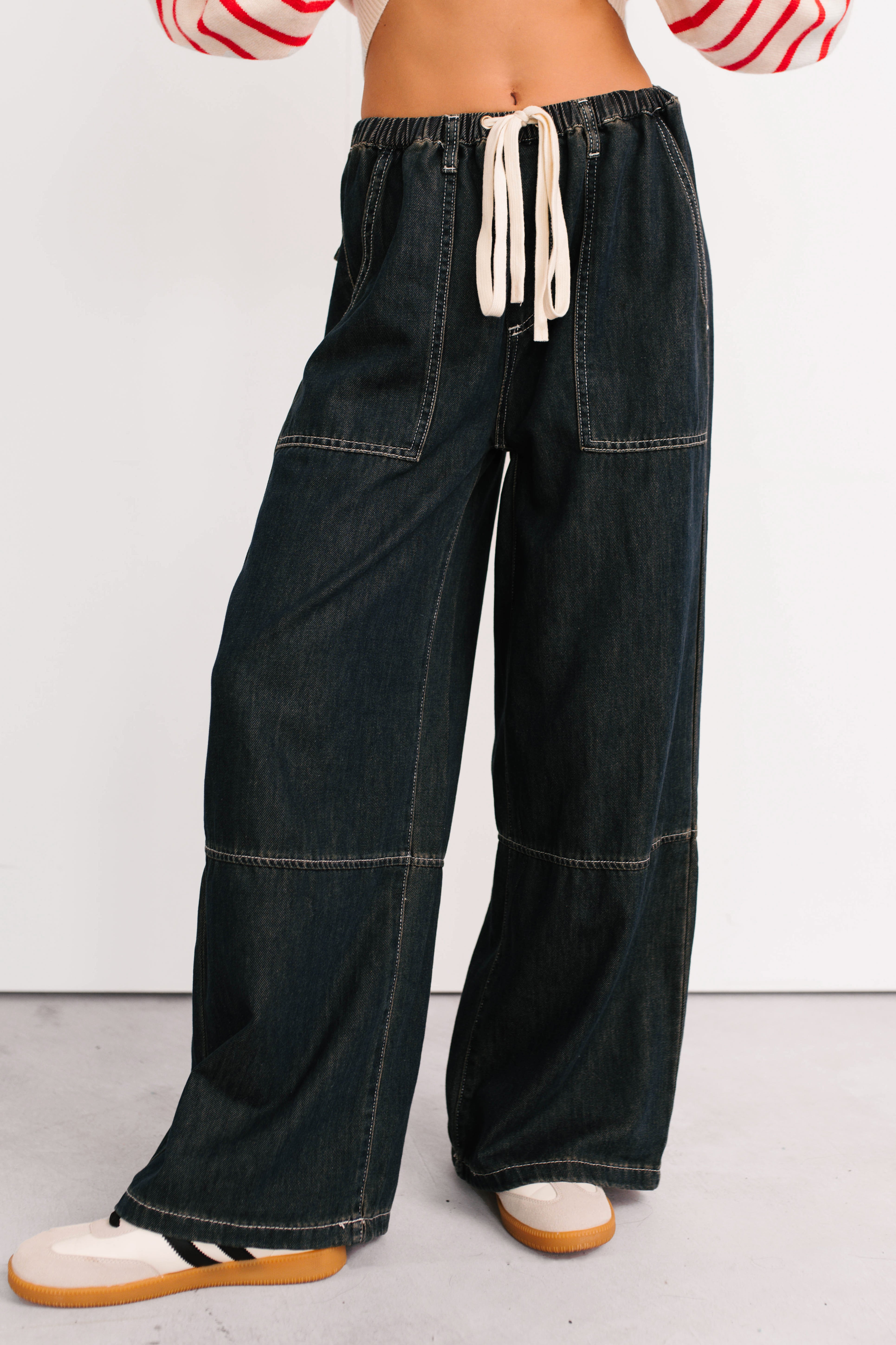 Chill Energy Wide Leg Drawstring Pants (Grey Denim)-The Formal Wear