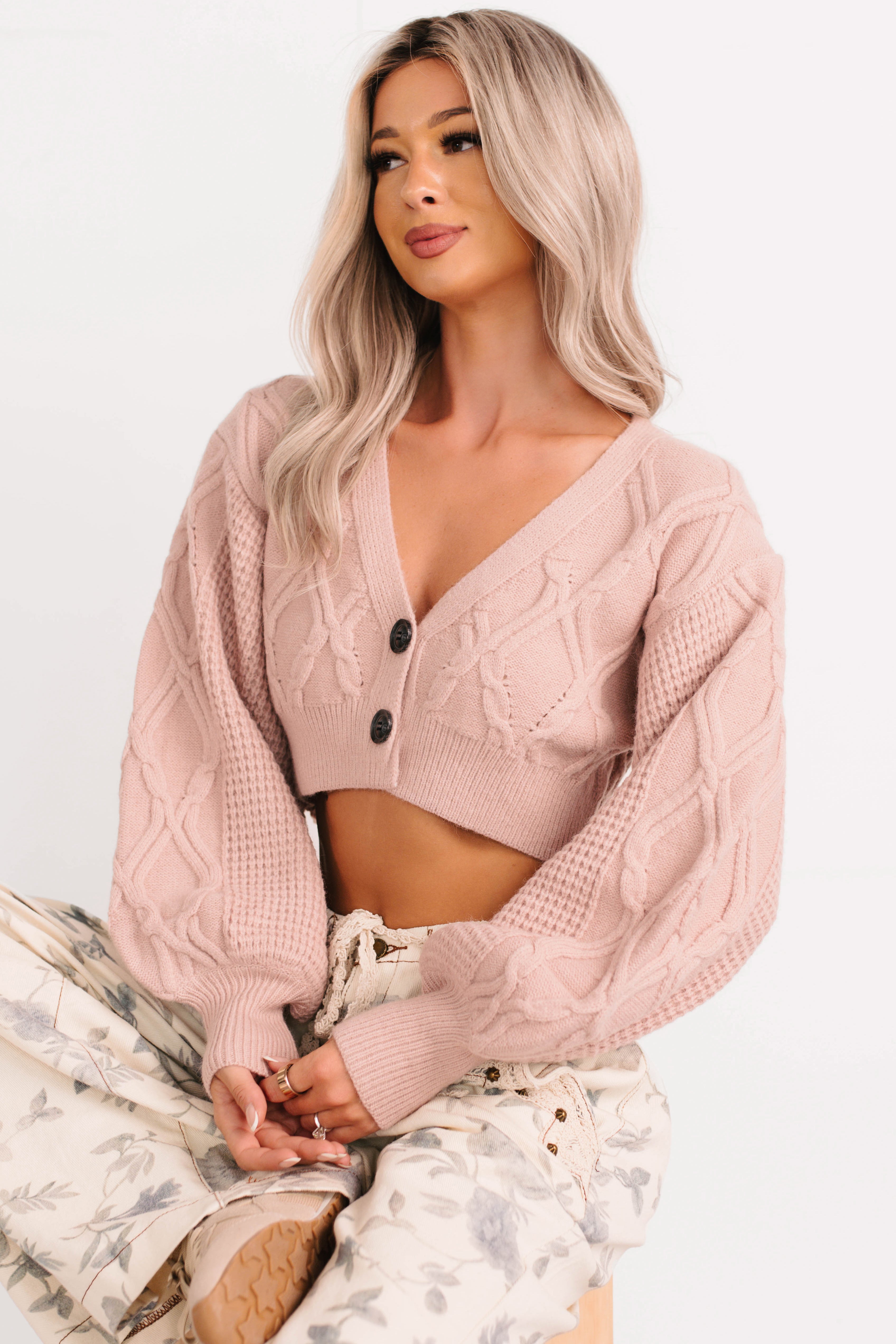 True Escapism Cropped Cable Knit Cardigan (Pink)-The Formal Wear