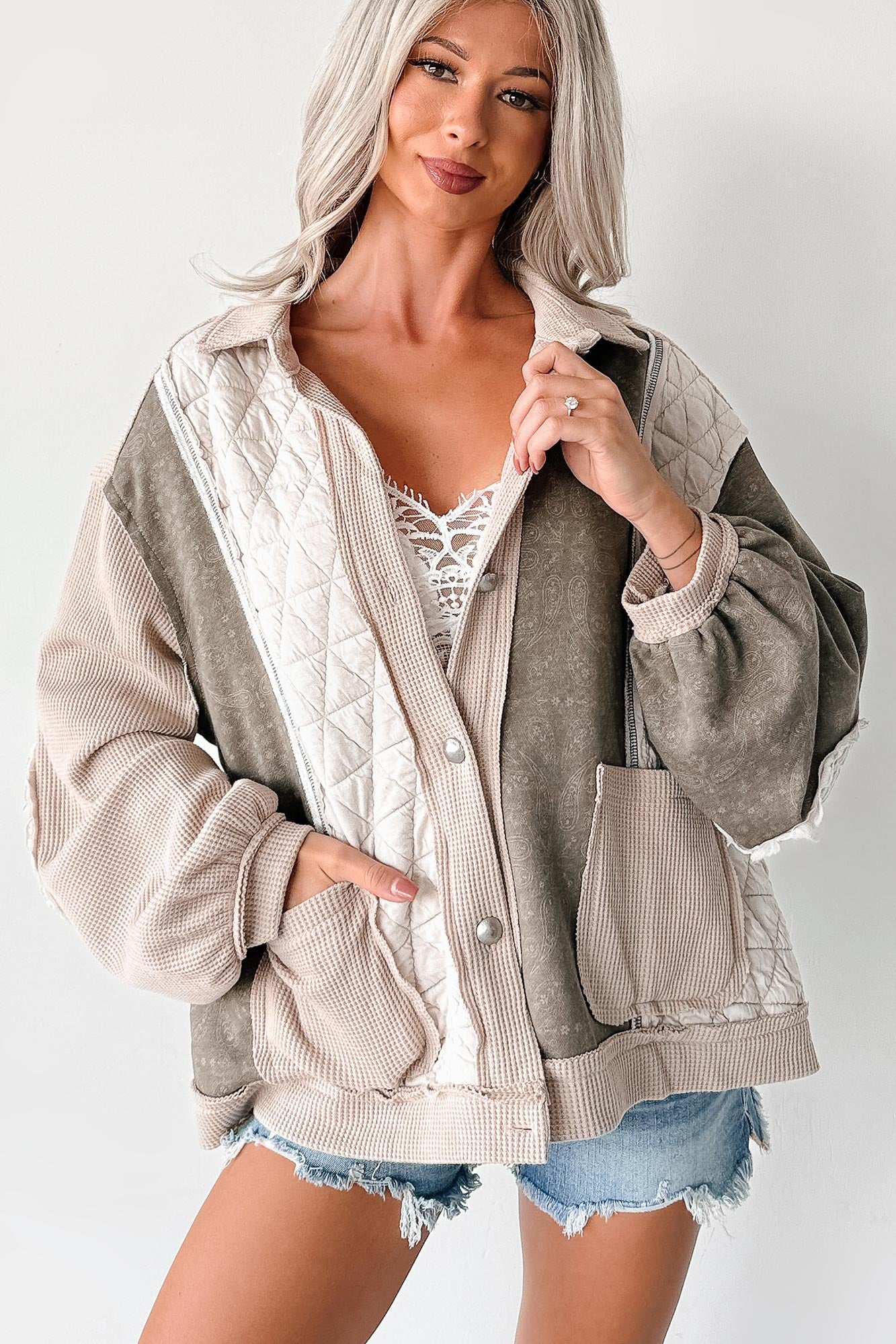 Ever Present Patchwork Quilt POL Jacket (Beige/Multi)-The Formal Wear