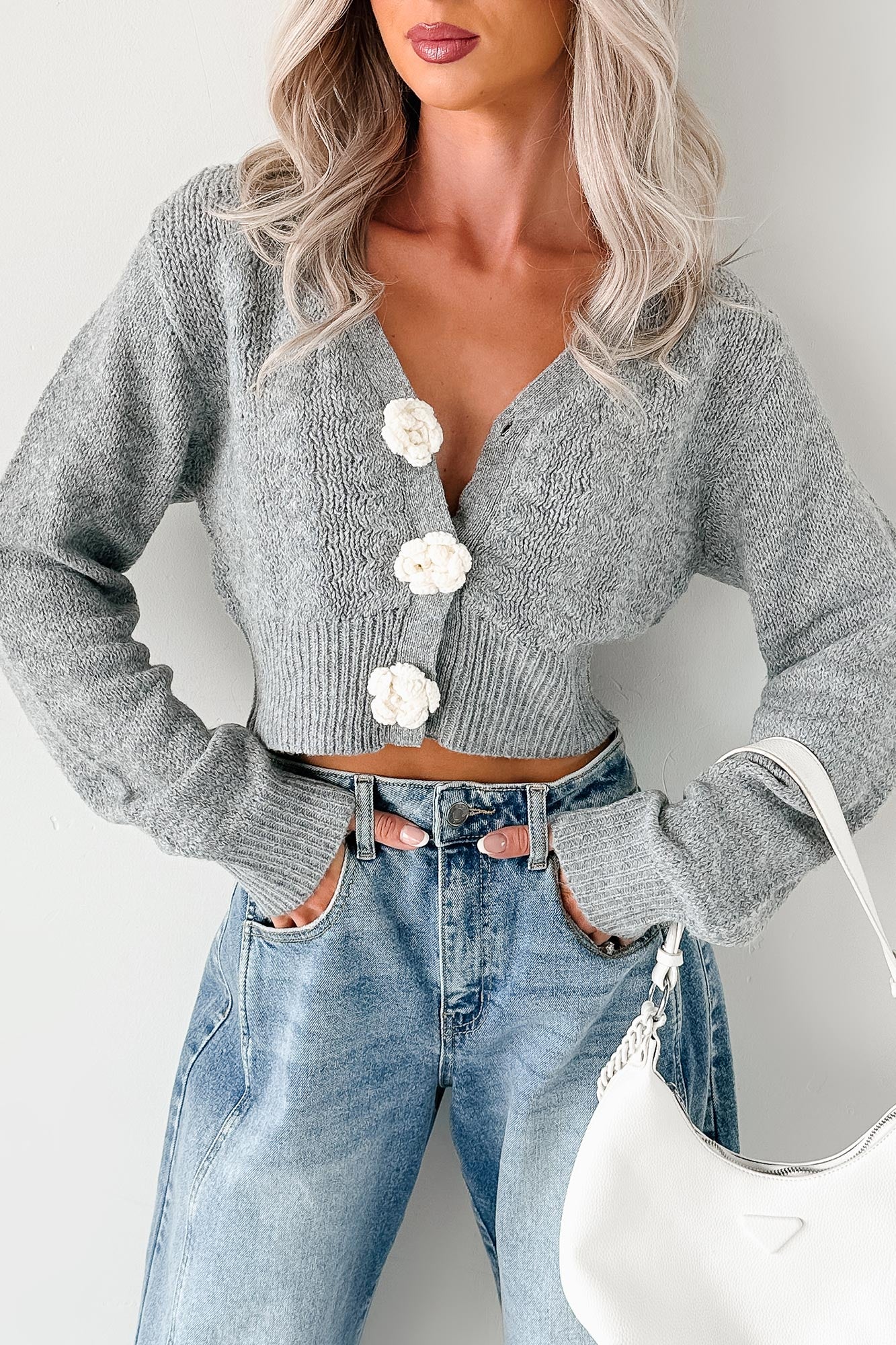 Want You More Flower Button Cropped Cardigan (Heather Grey)-The Formal Wear