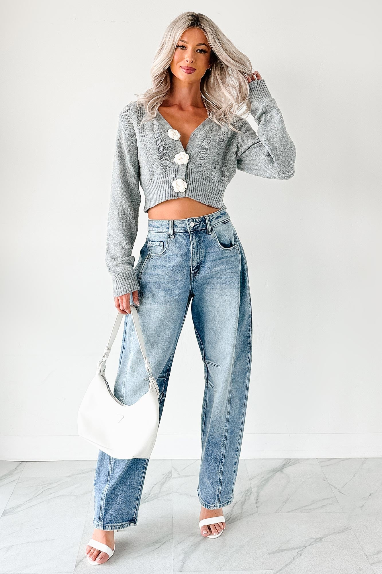 Want You More Flower Button Cropped Cardigan (Heather Grey)-The Formal Wear