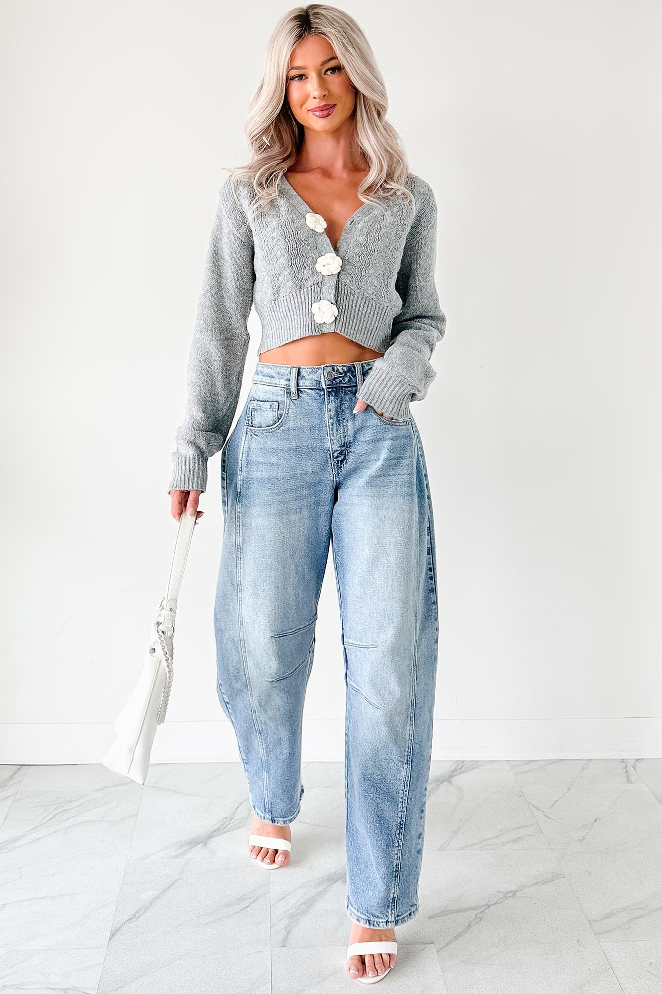 Want You More Flower Button Cropped Cardigan (Heather Grey)-The Formal Wear