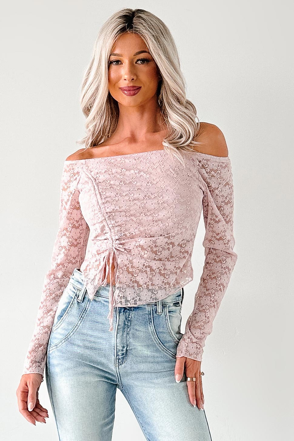 Up To Standard Ruched Lace Asymmetric Top (Blush)-The Formal Wear