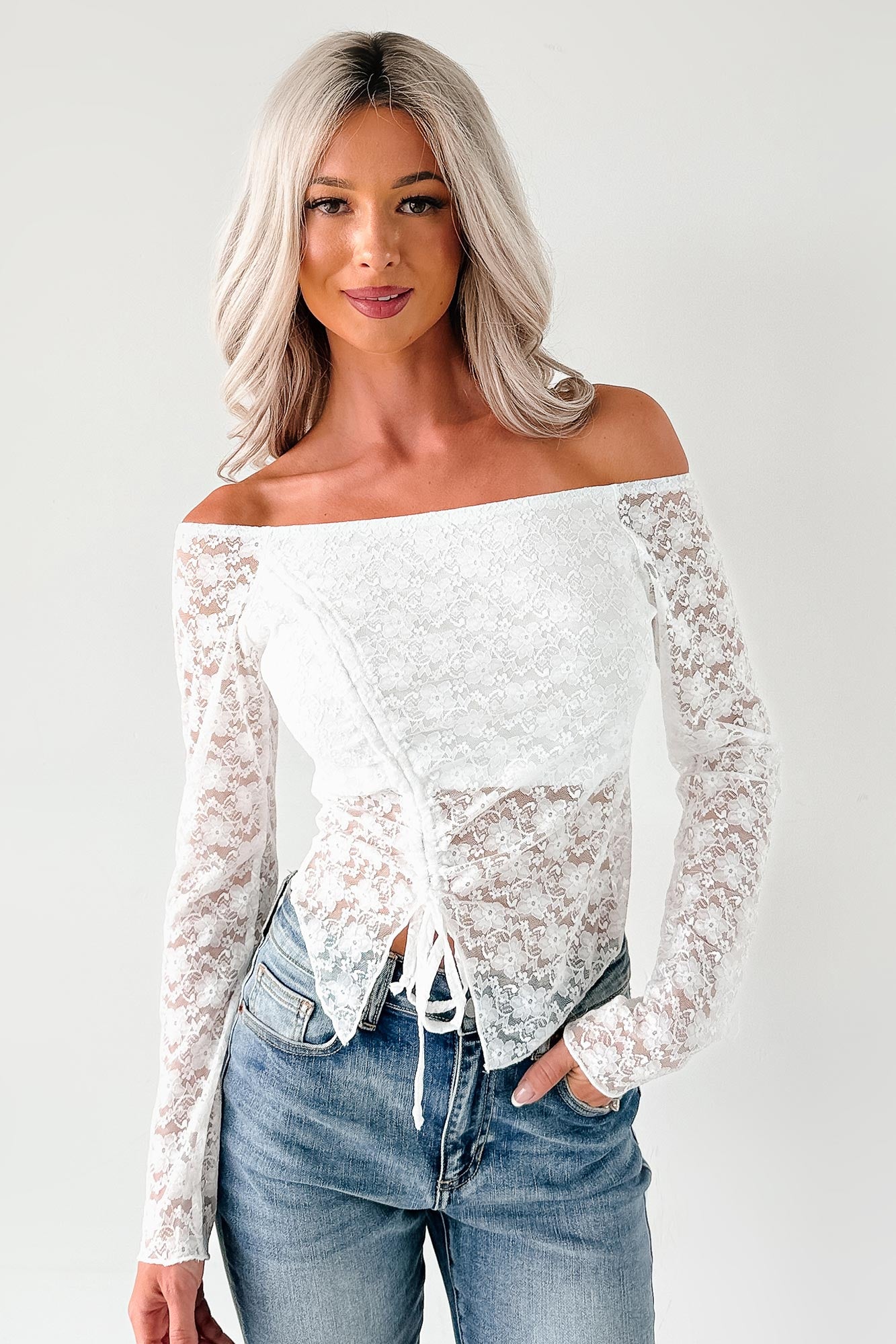Up To Standard Ruched Lace Asymmetric Top (Ivory)-The Formal Wear