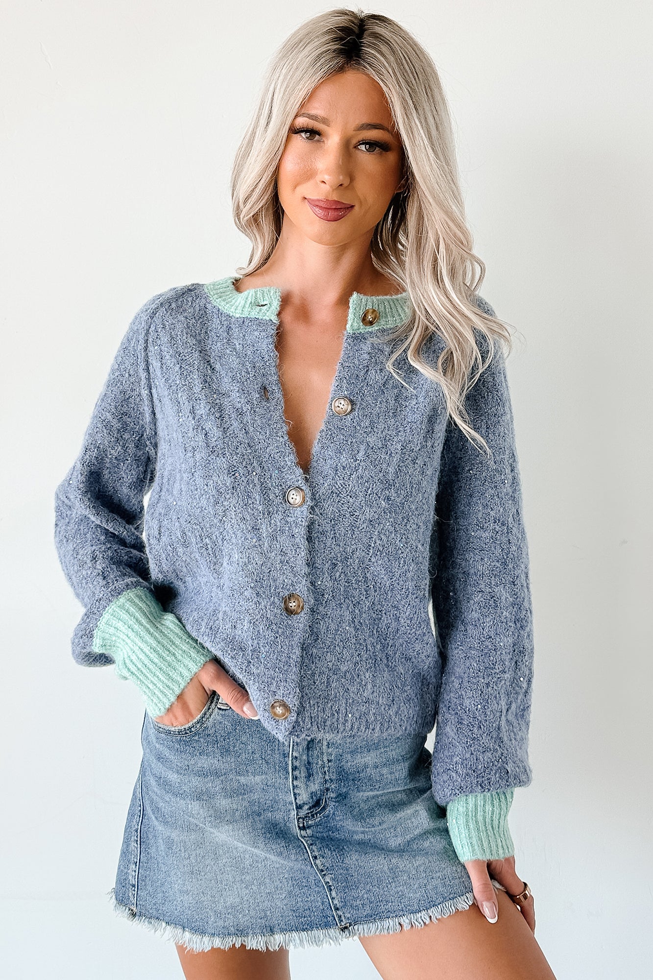 Daydream Zen Knit Contrast Glittery Cardigan (Blue)-The Formal Wear