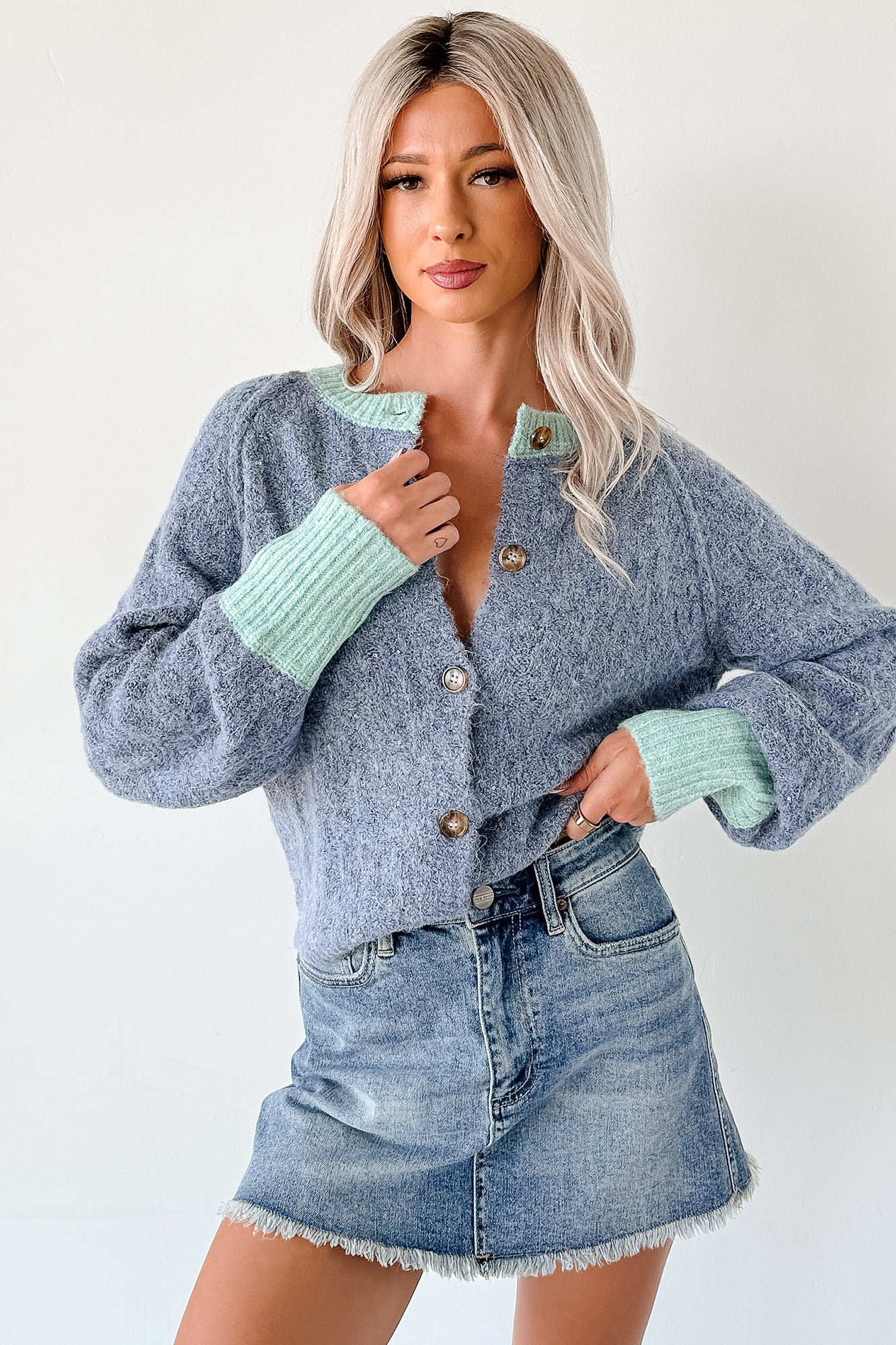 Daydream Zen Knit Contrast Glittery Cardigan (Blue)-The Formal Wear