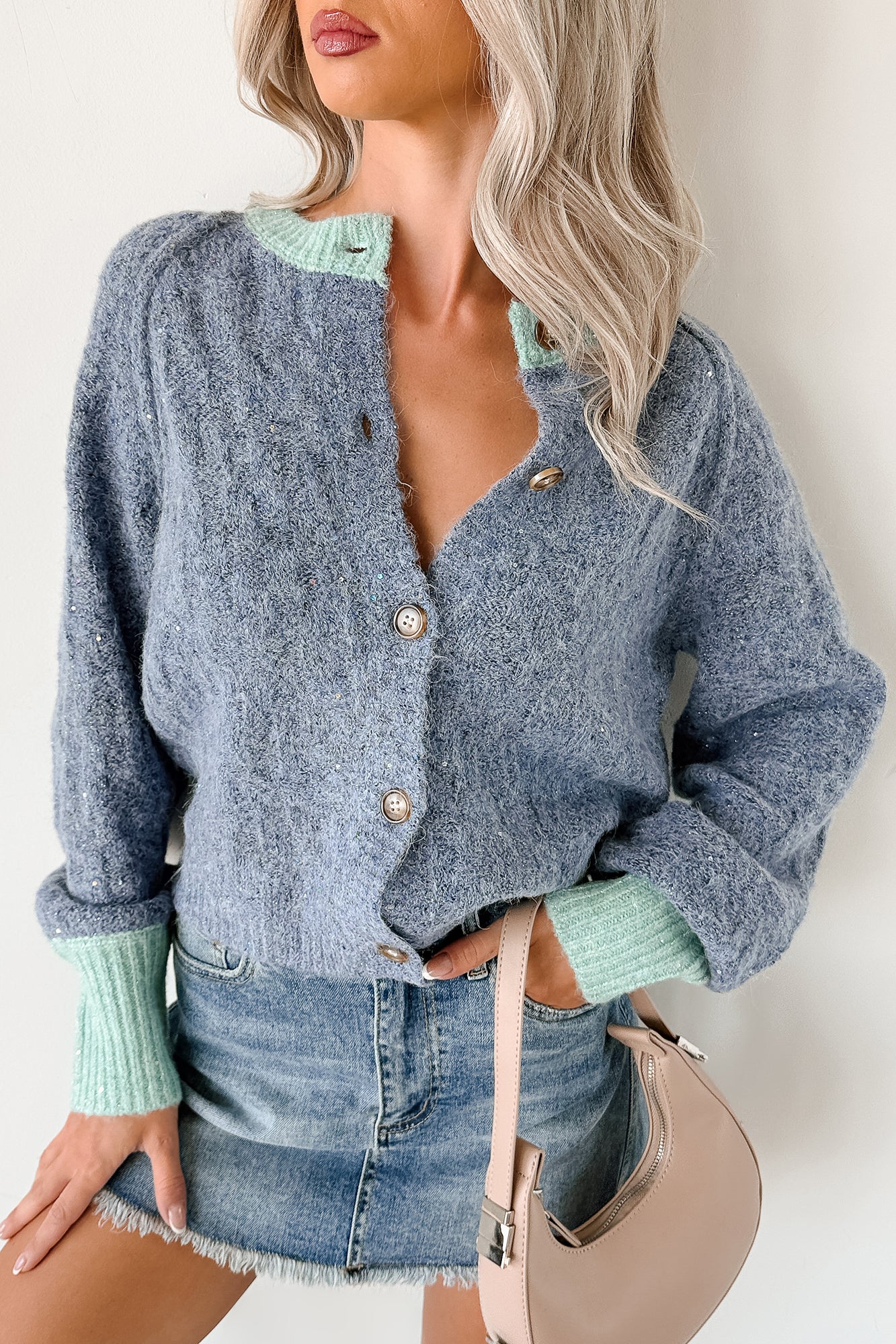 Daydream Zen Knit Contrast Glittery Cardigan (Blue)-The Formal Wear