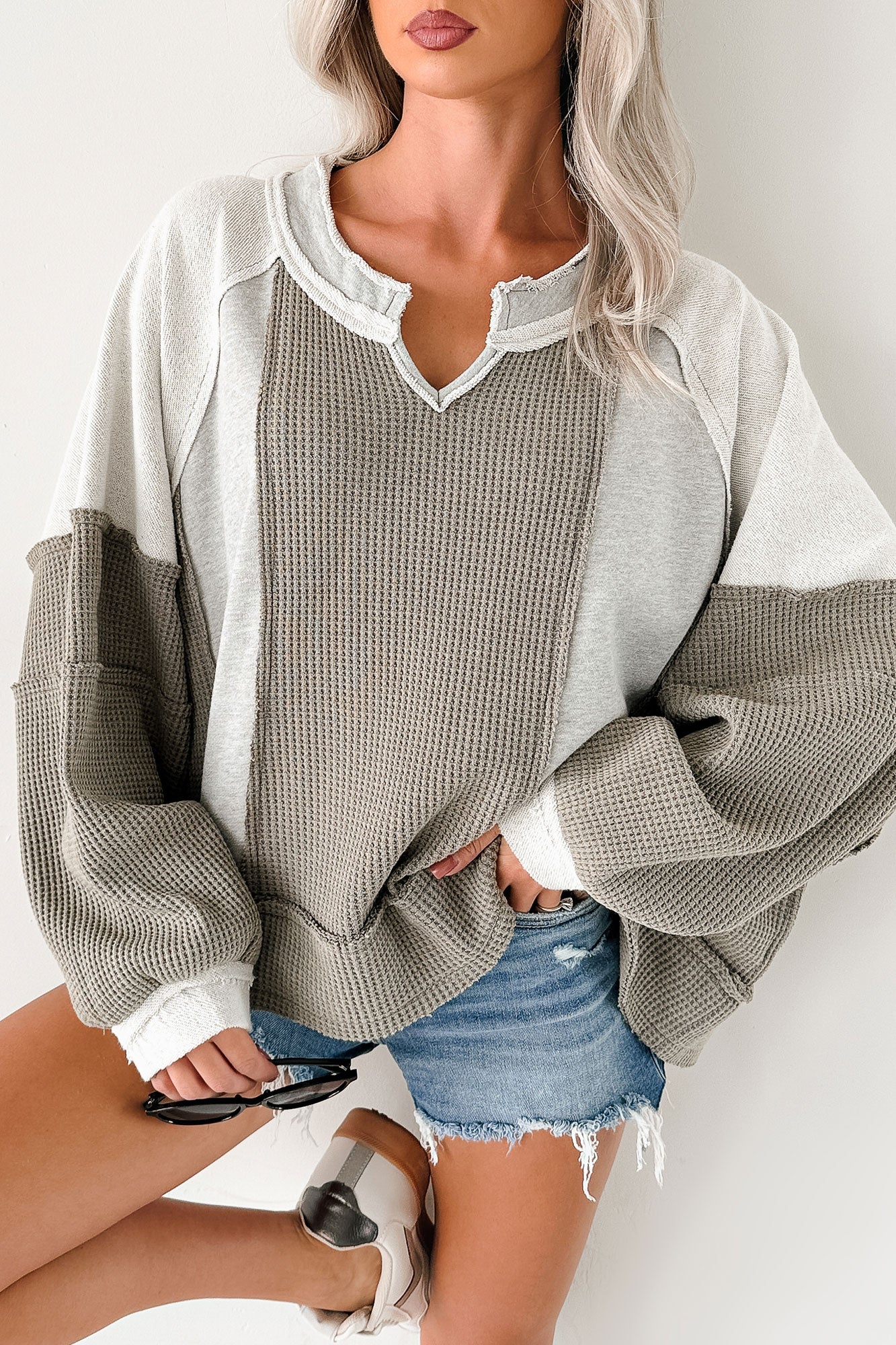 Comfort Goals Contrast Knit POL Top (Grey/Multi)-The Formal Wear
