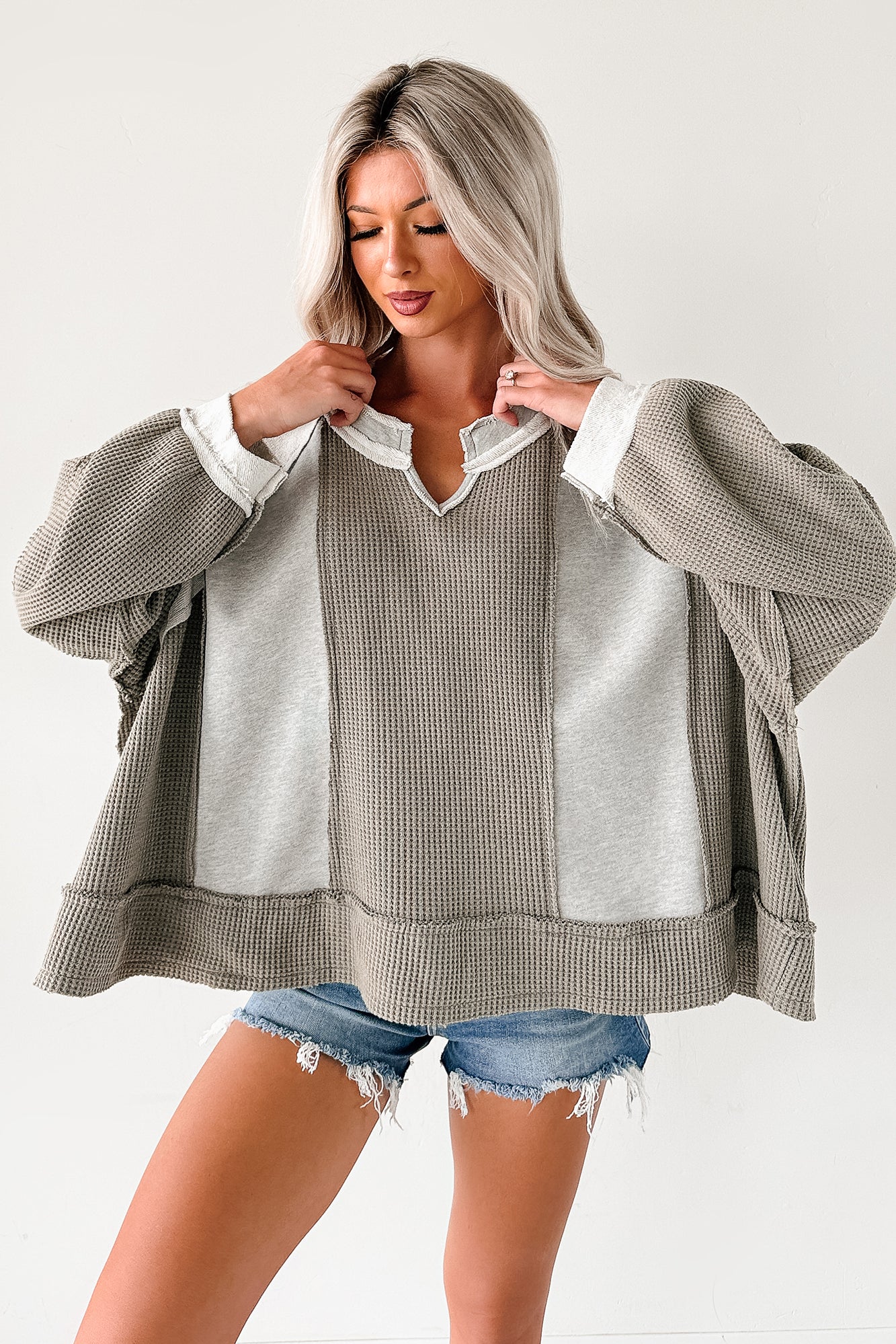 Comfort Goals Contrast Knit POL Top (Grey/Multi)-The Formal Wear