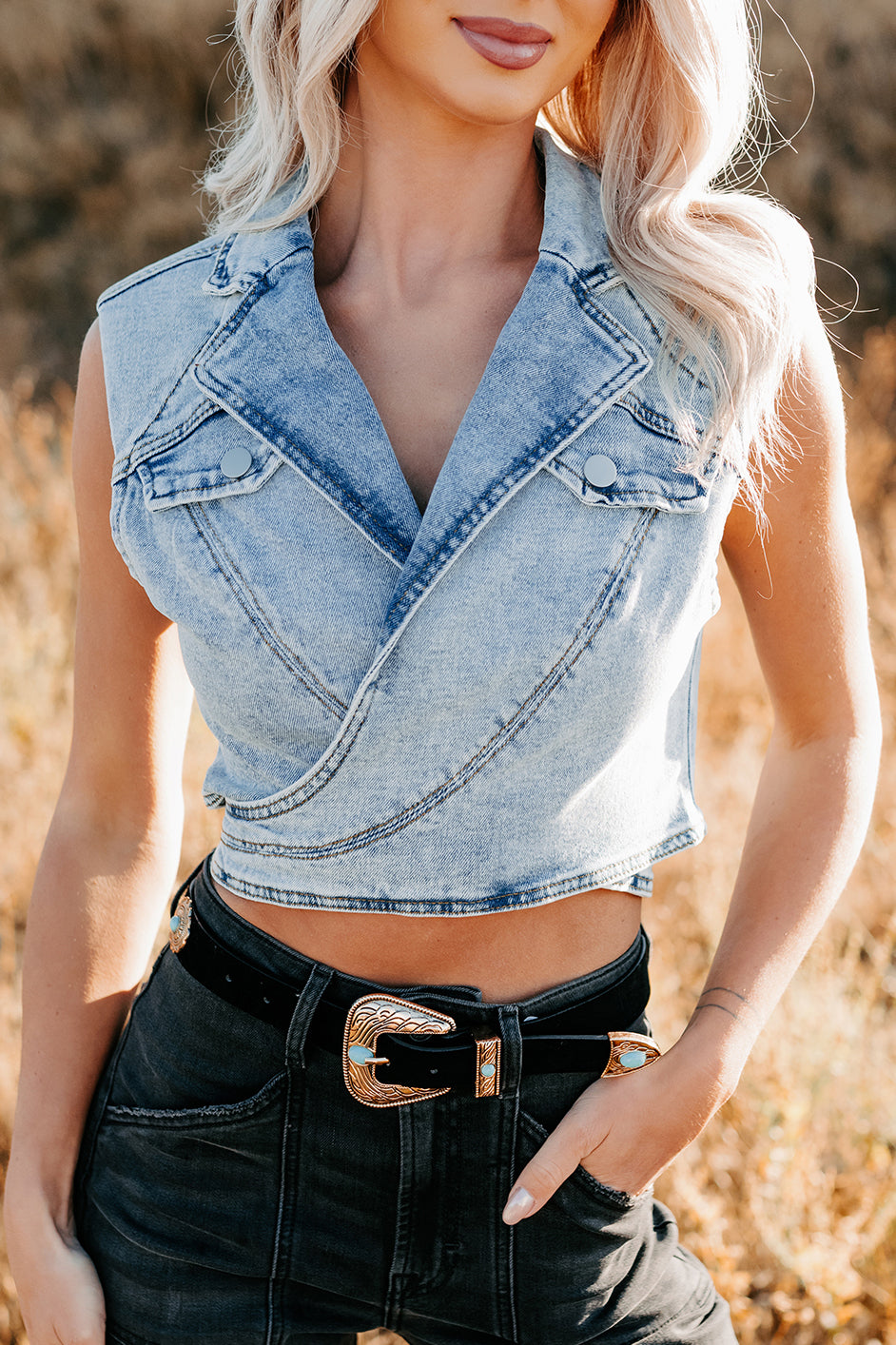 Chasing You Denim Wrap Vest (Light)-The Formal Wear