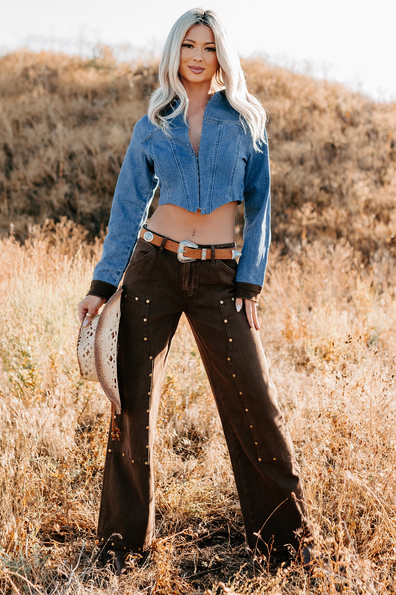 Peachy Prairie Cropped Denim Corset Jacket (Medium)-The Formal Wear