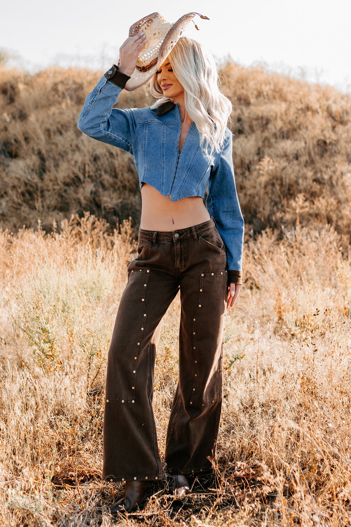 Peachy Prairie Cropped Denim Corset Jacket (Medium)-The Formal Wear